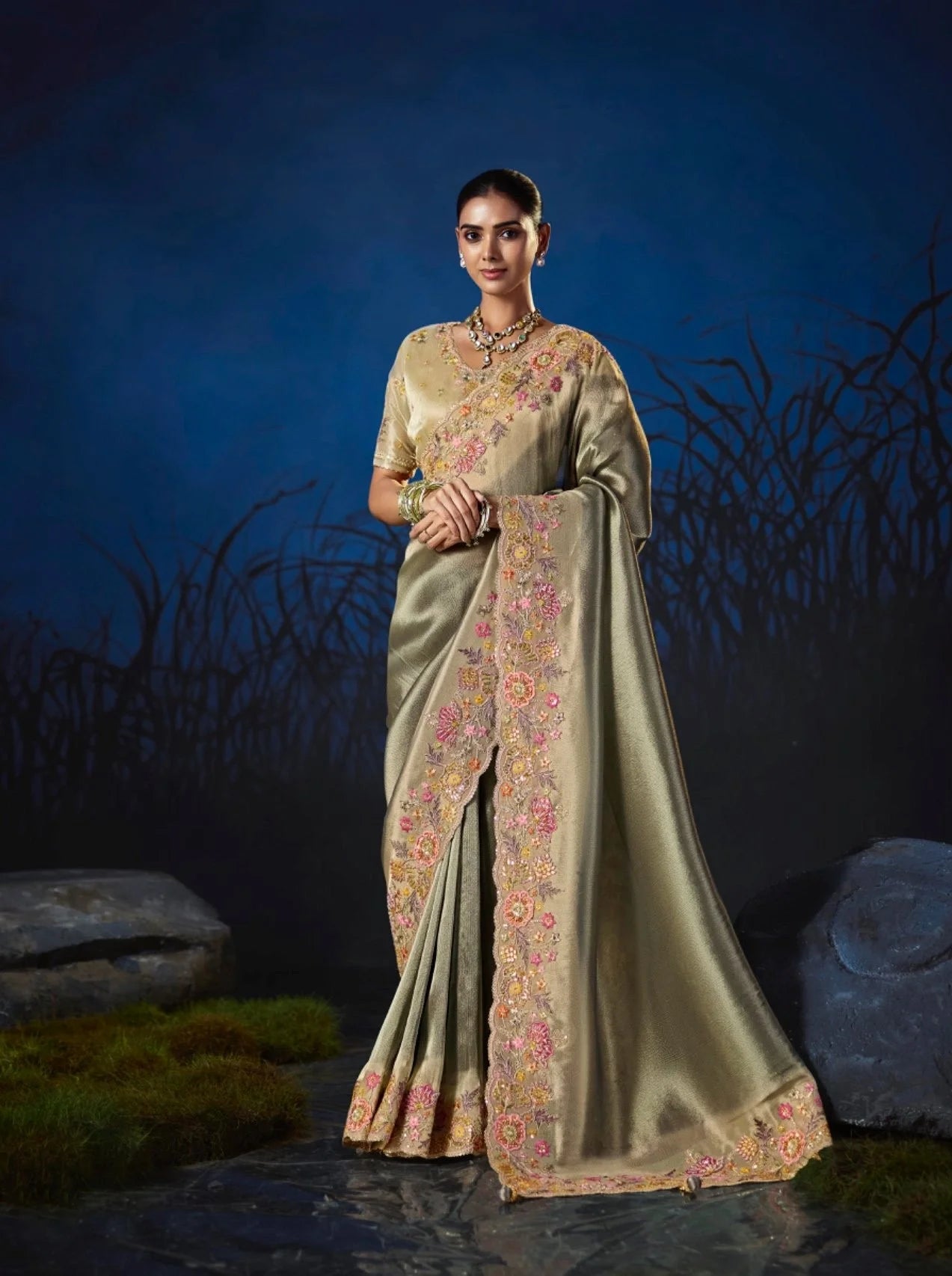 Pure Smooth Zari Beige With Thread Work