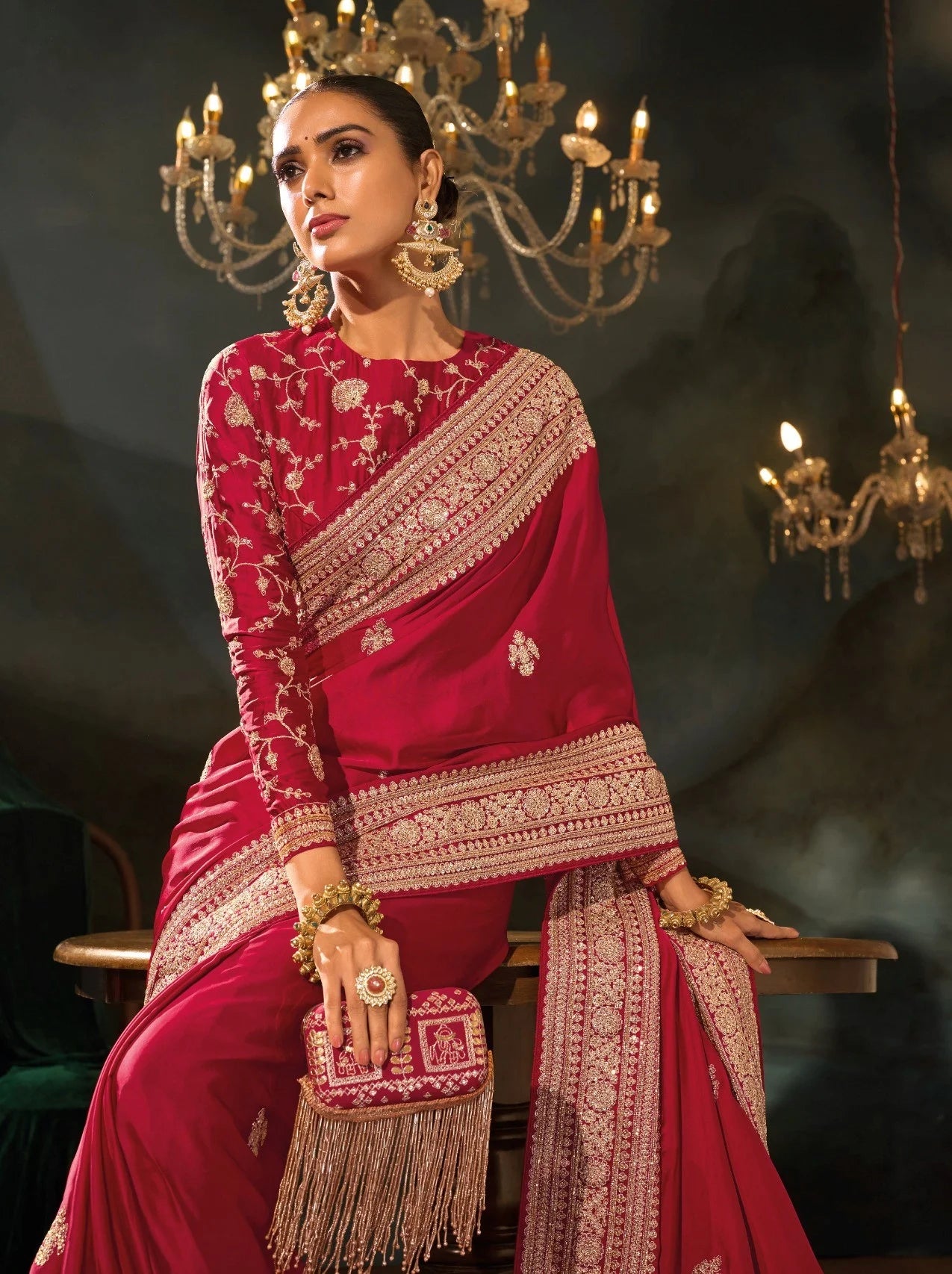 Viscose Satin Red Wedding Wear With Heavy Work Saree