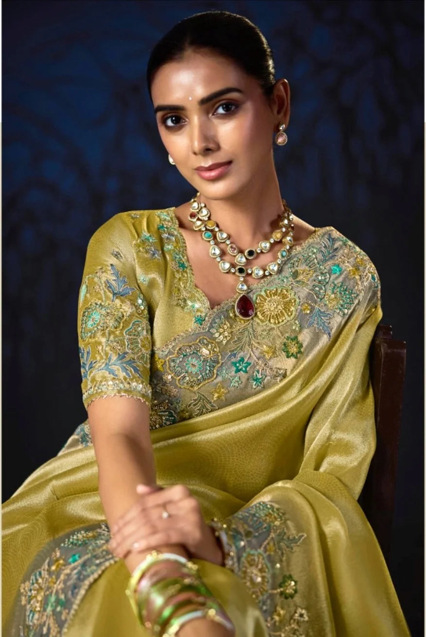 Pure Smooth Zari Parrot With Thread Work