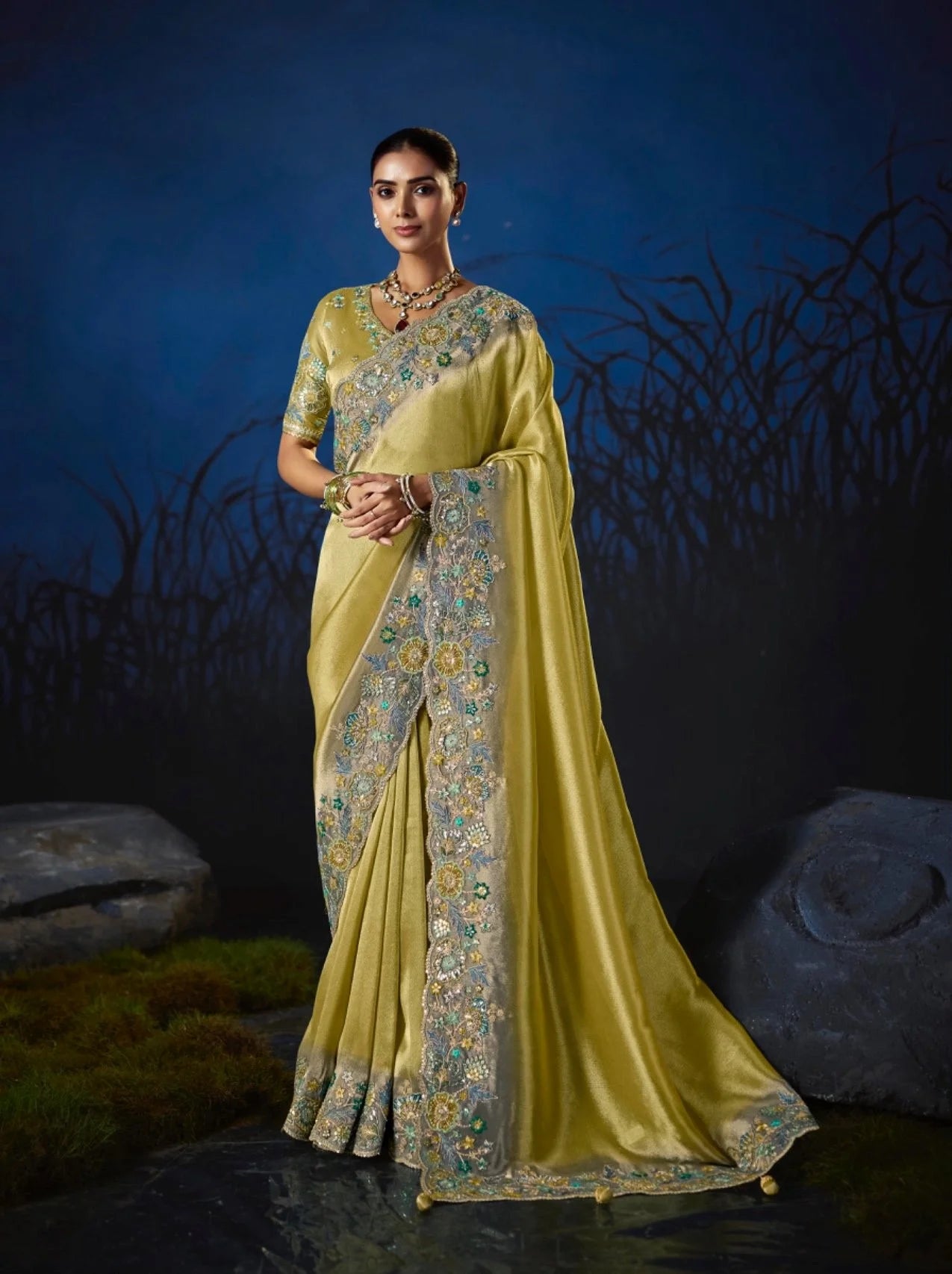 Pure Smooth Zari Parrot With Thread Work
