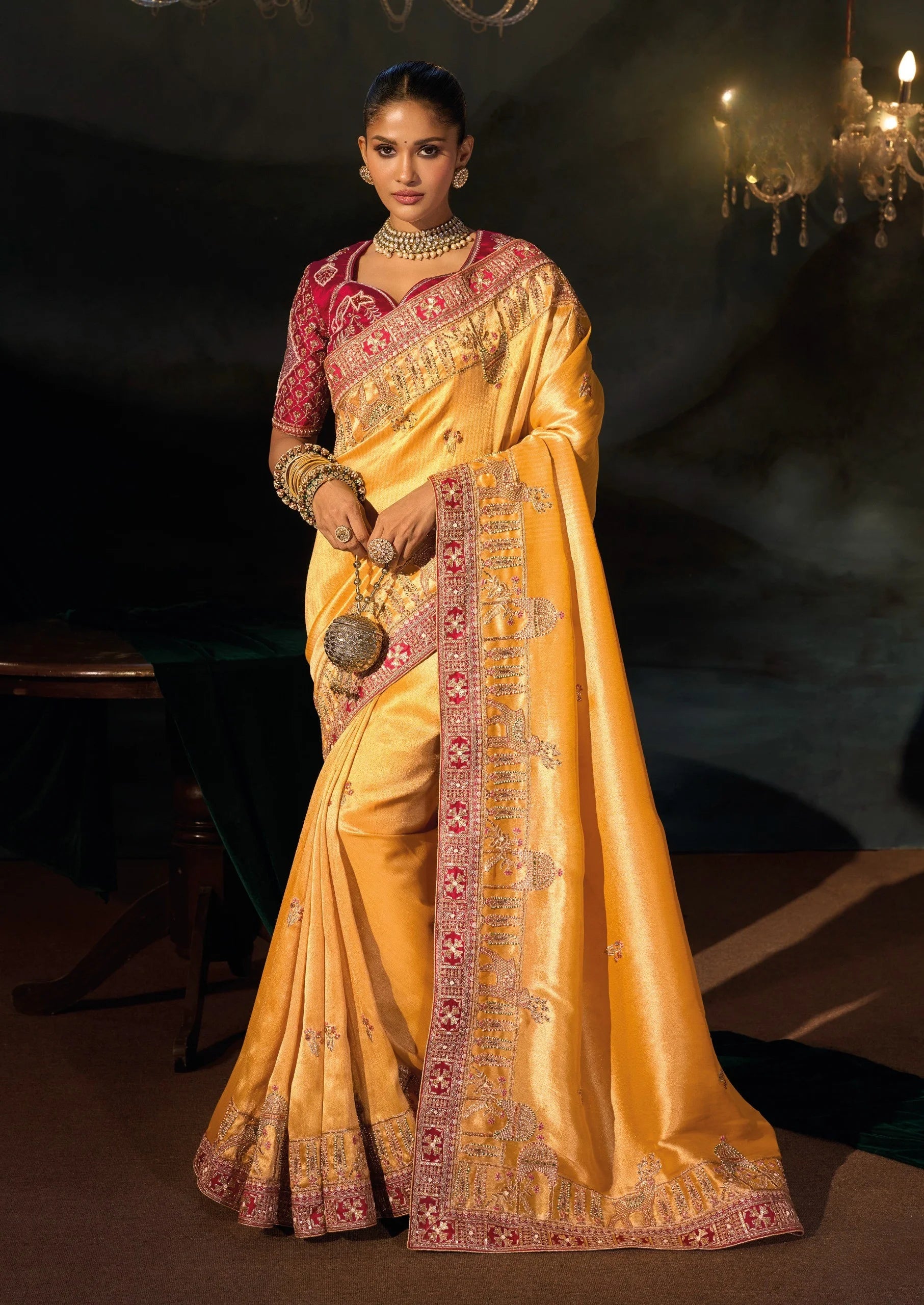 Madhurai Silk Mustard Wedding Wear With Heavy Work Saree