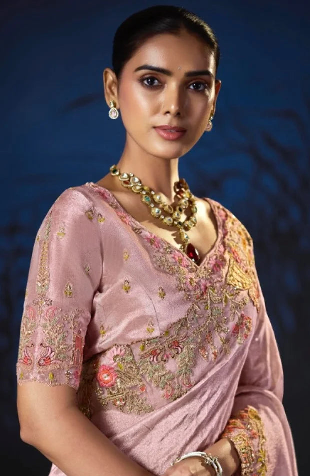 Pure Smooth Zari Pink With Thread Work