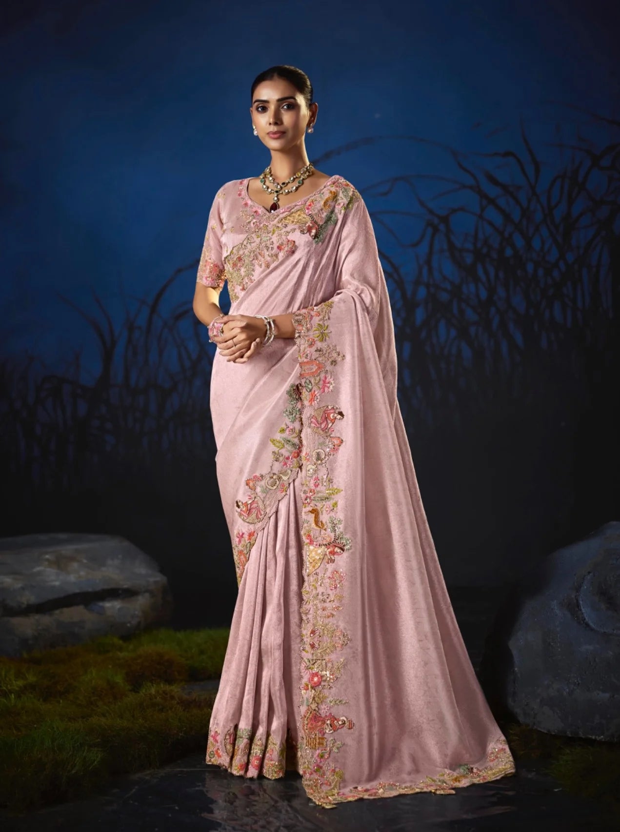 Pure Smooth Zari Pink With Thread Work