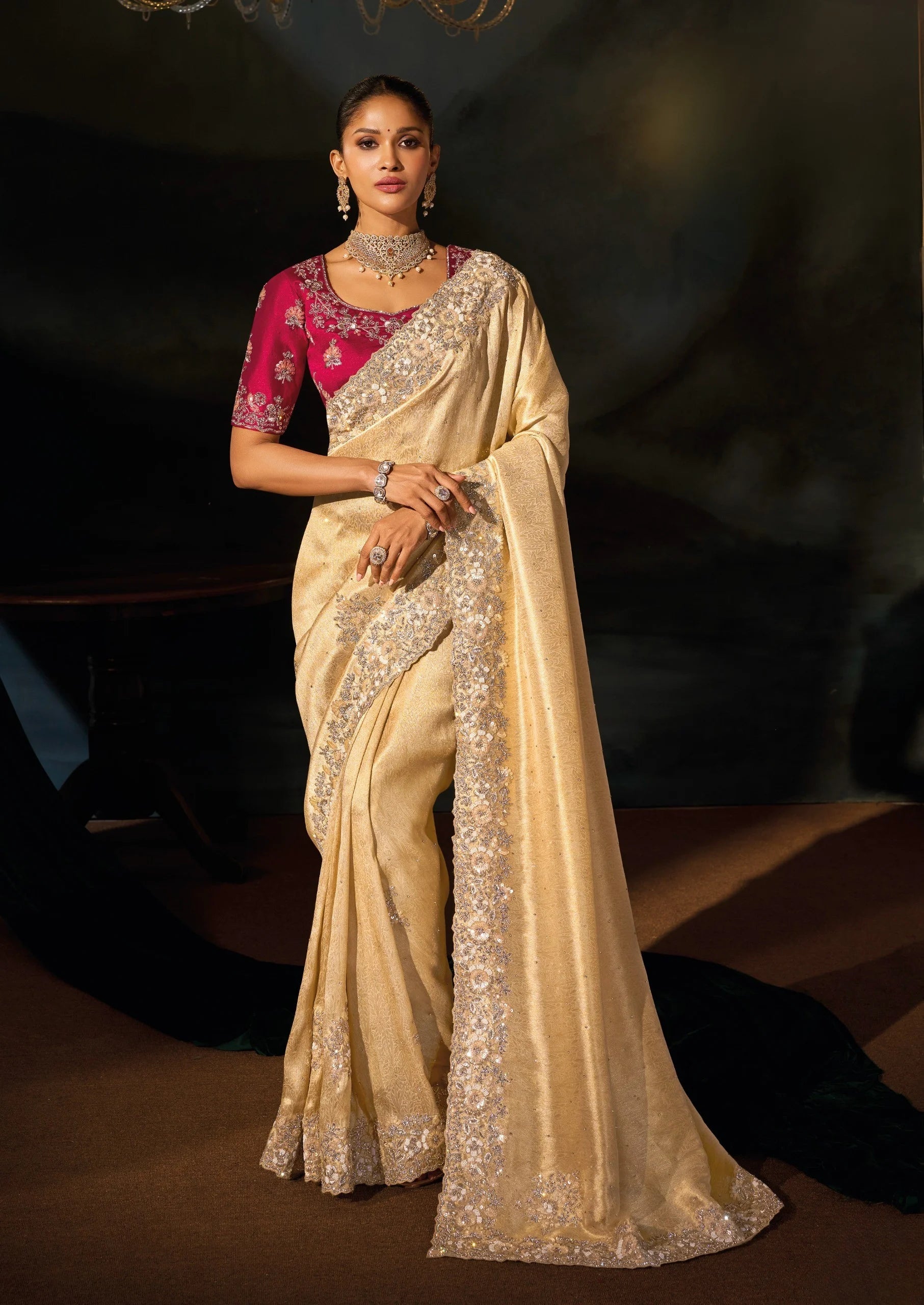 Kanjivaram Jacquard Beige Wedding Wear With Heavy Work Saree