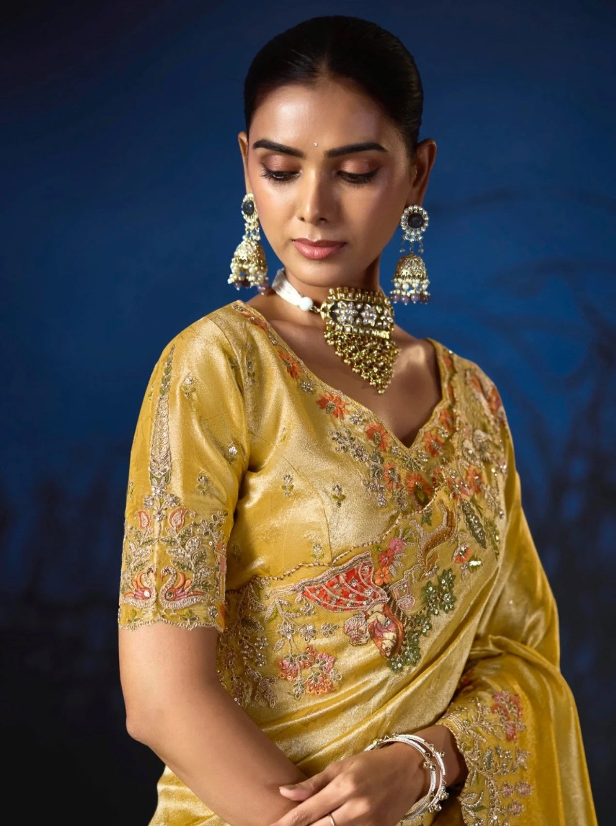 Pure Smooth Zari Mustard With Thread Work