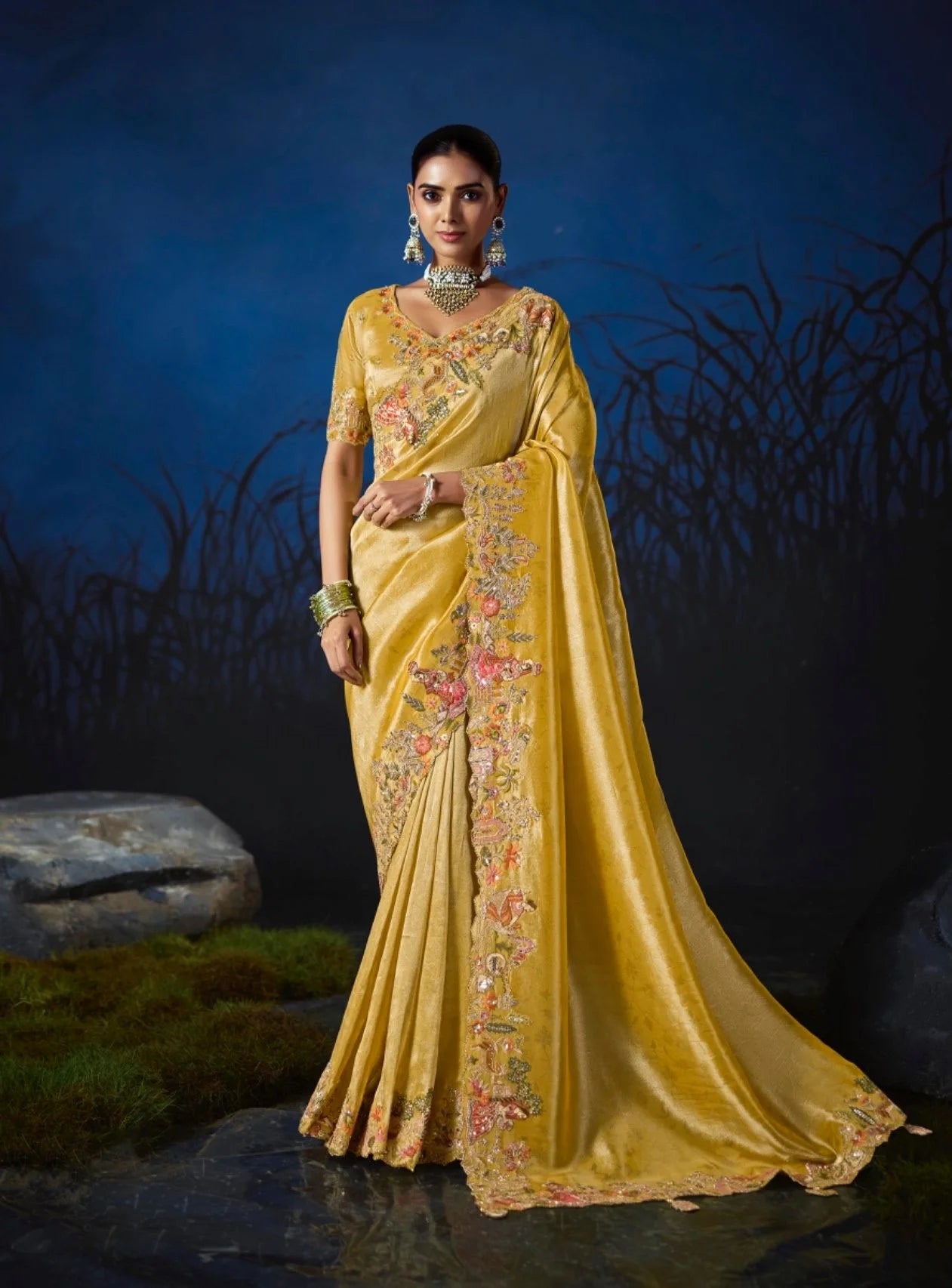 Pure Smooth Zari Mustard With Thread Work