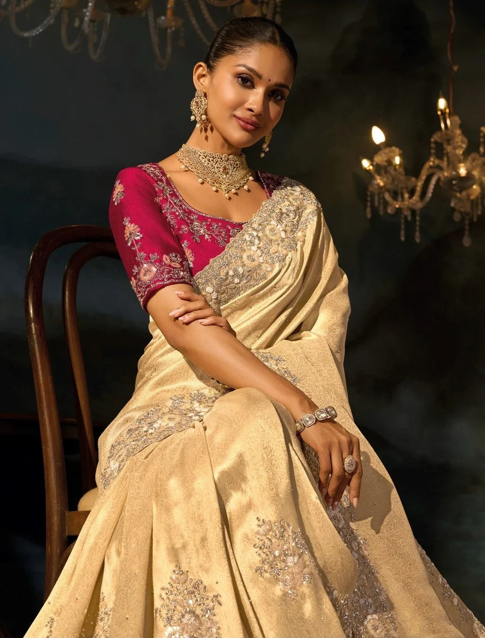 Kanjivaram Jacquard Beige Wedding Wear With Heavy Work Saree