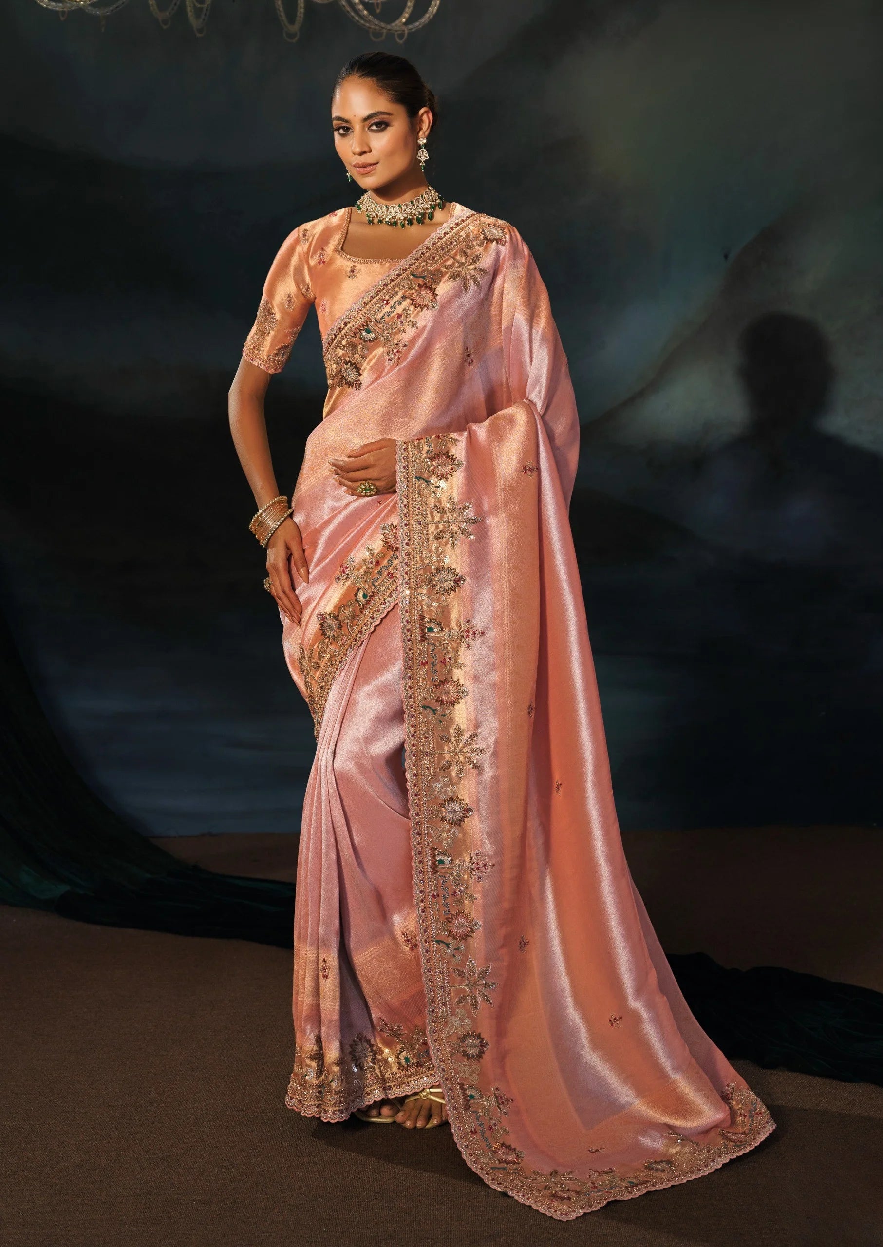 Madhurai Silk Peach Wedding Wear With Heavy Work Saree