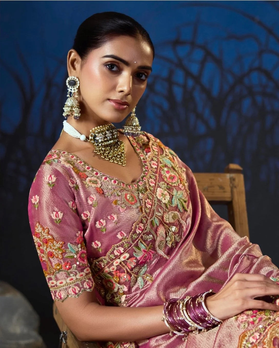 Pure Smooth Zari Rose Pink With Thread Work