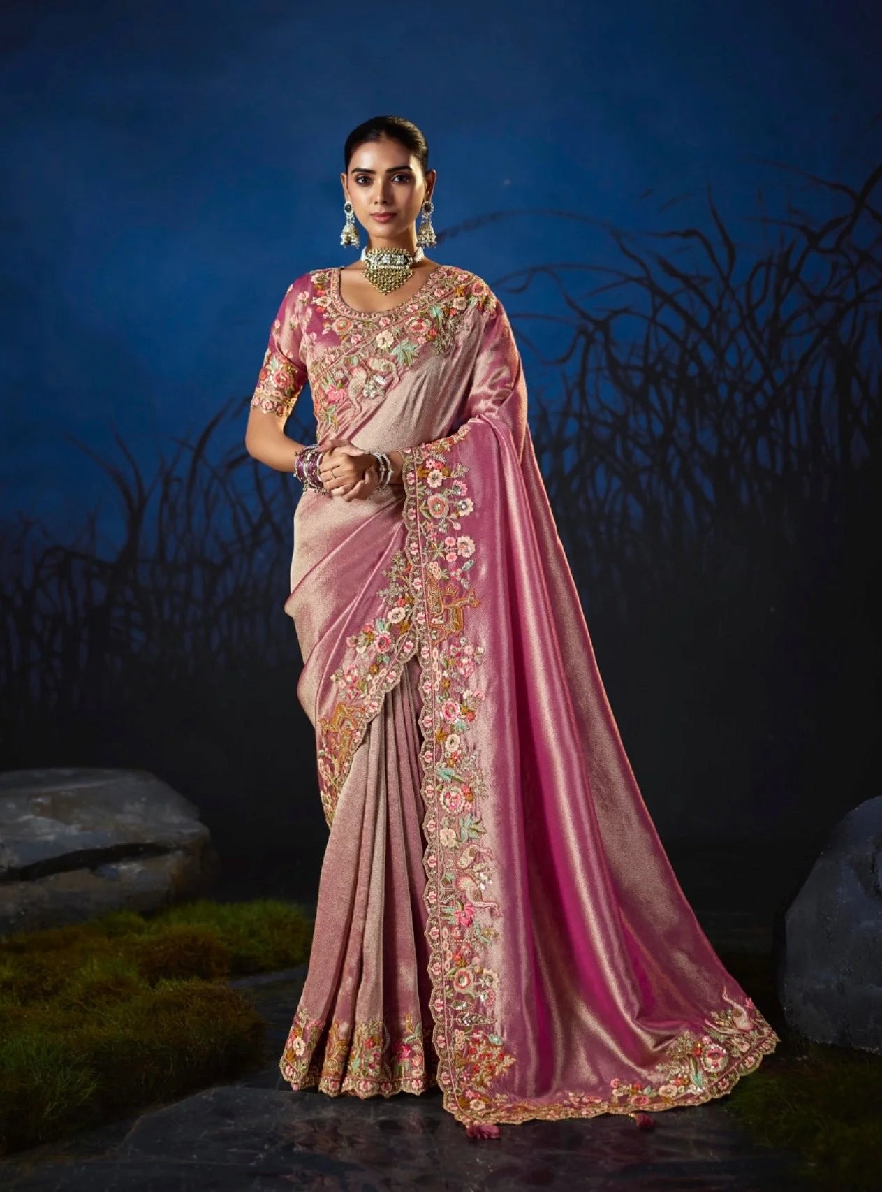 Pure Smooth Zari Rose Pink With Thread Work