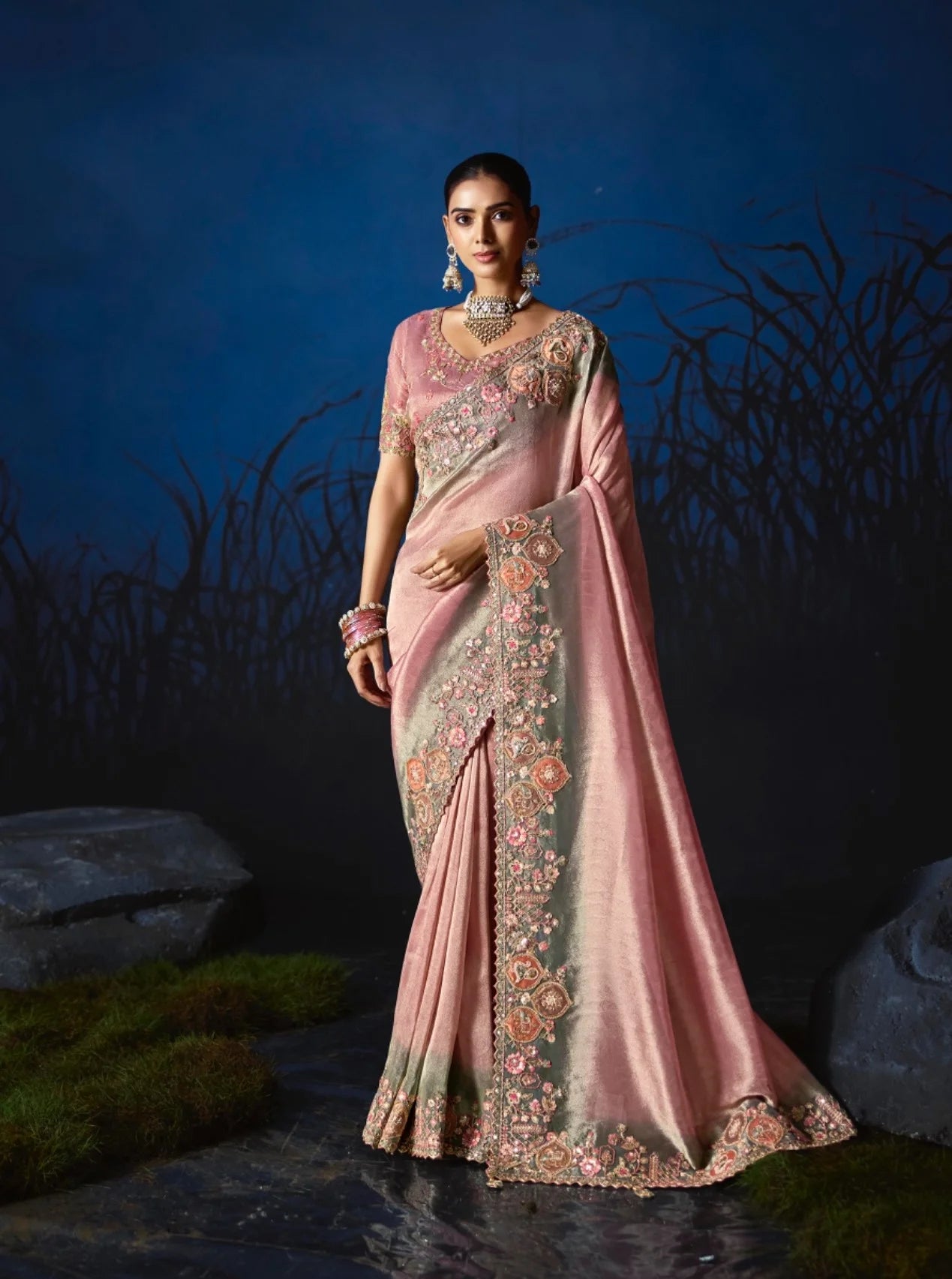 Pure Smooth Zari Pink With Thread Work