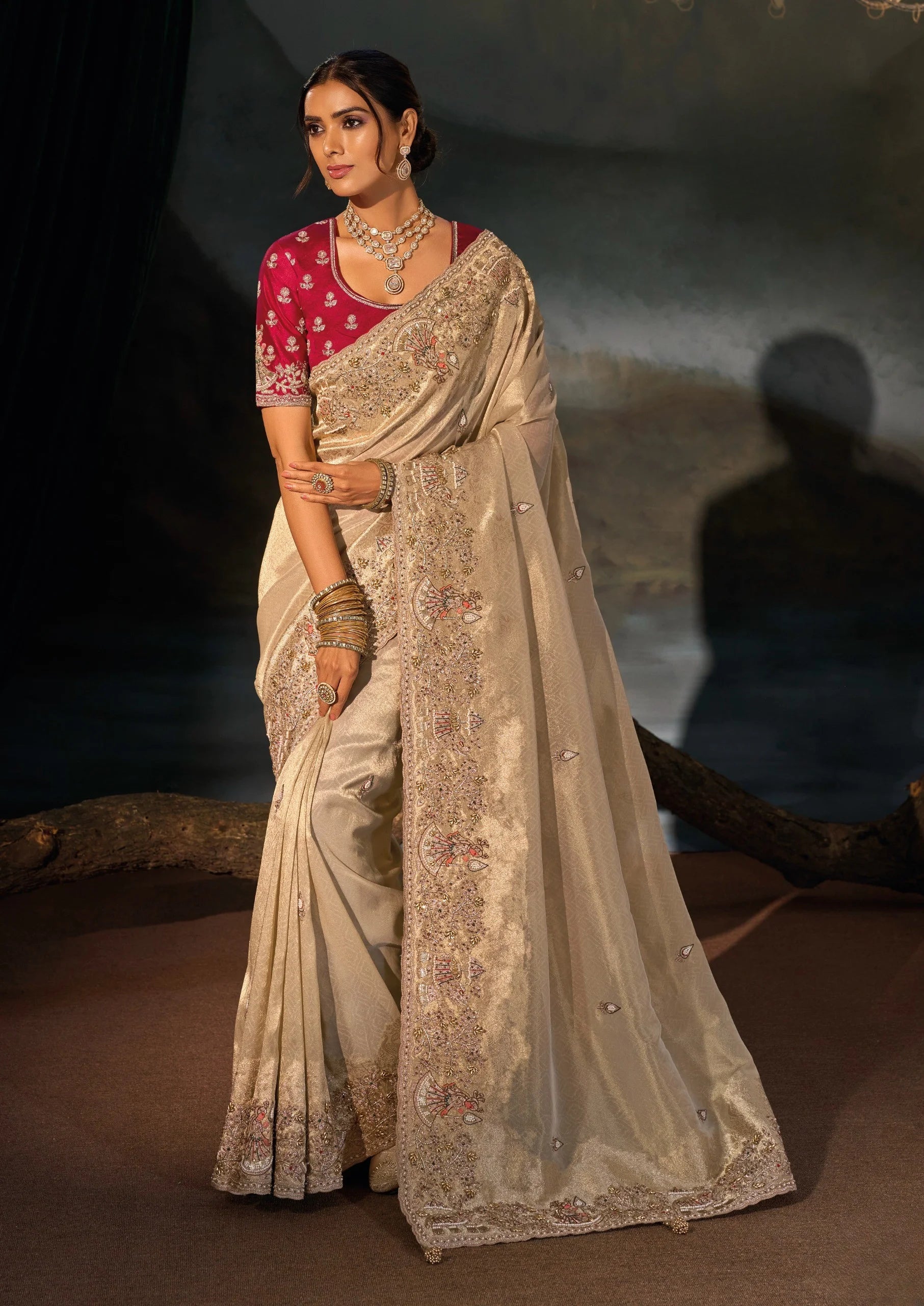 Kanjivaram Silk Beige Wedding Wear With Heavy Work Saree