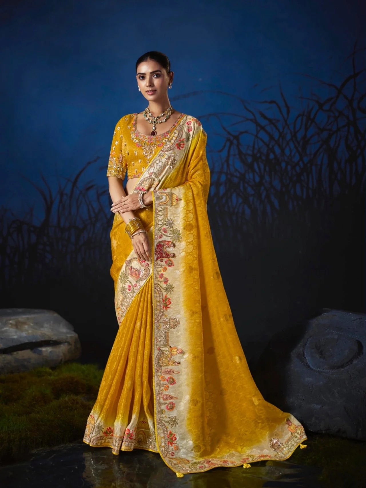 Pure Smooth Zari Yellow With Thread Work