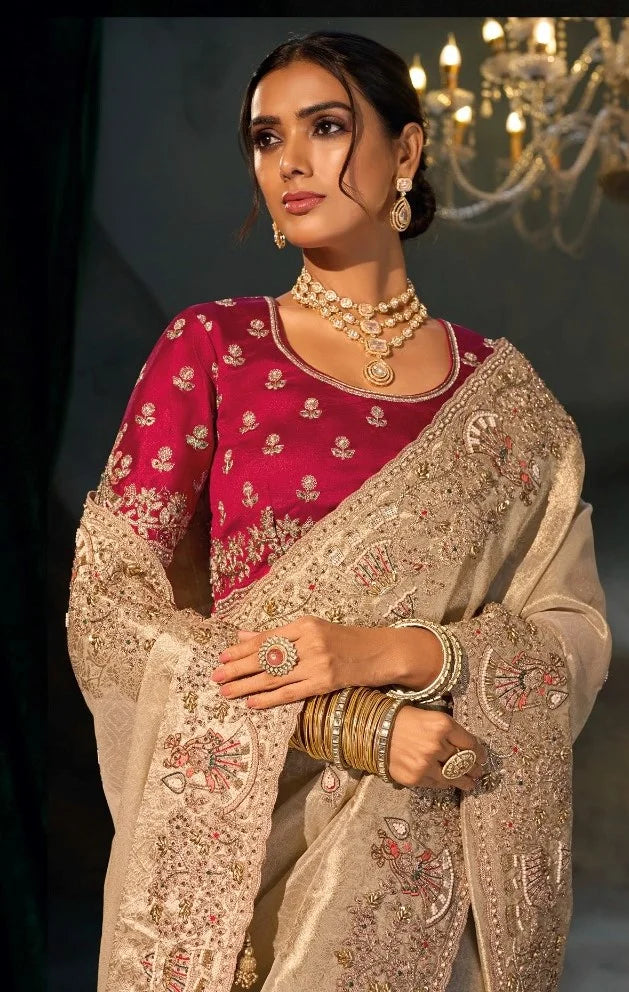 Kanjivaram Silk Beige Wedding Wear With Heavy Work Saree