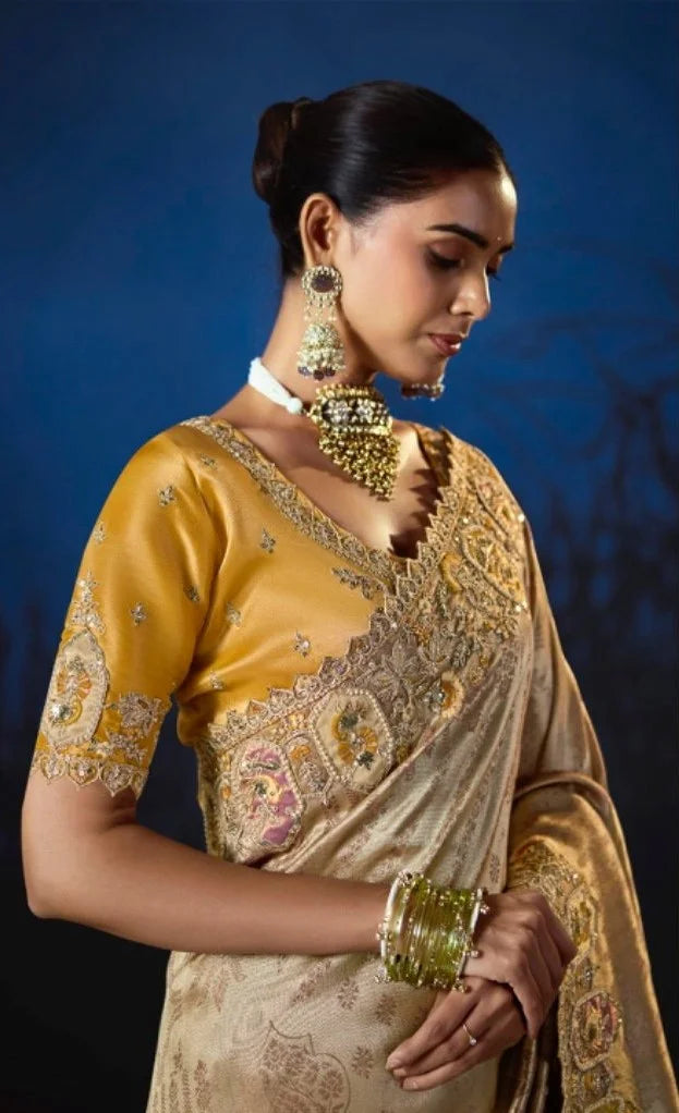 Pure Smooth Zari Gold Beige With Thread Work