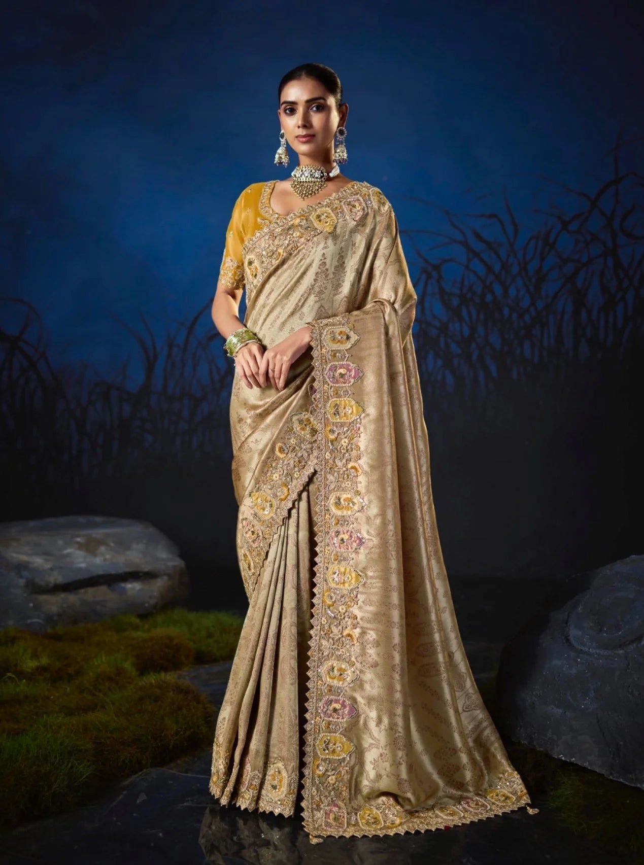 Pure Smooth Zari Gold Beige With Thread Work