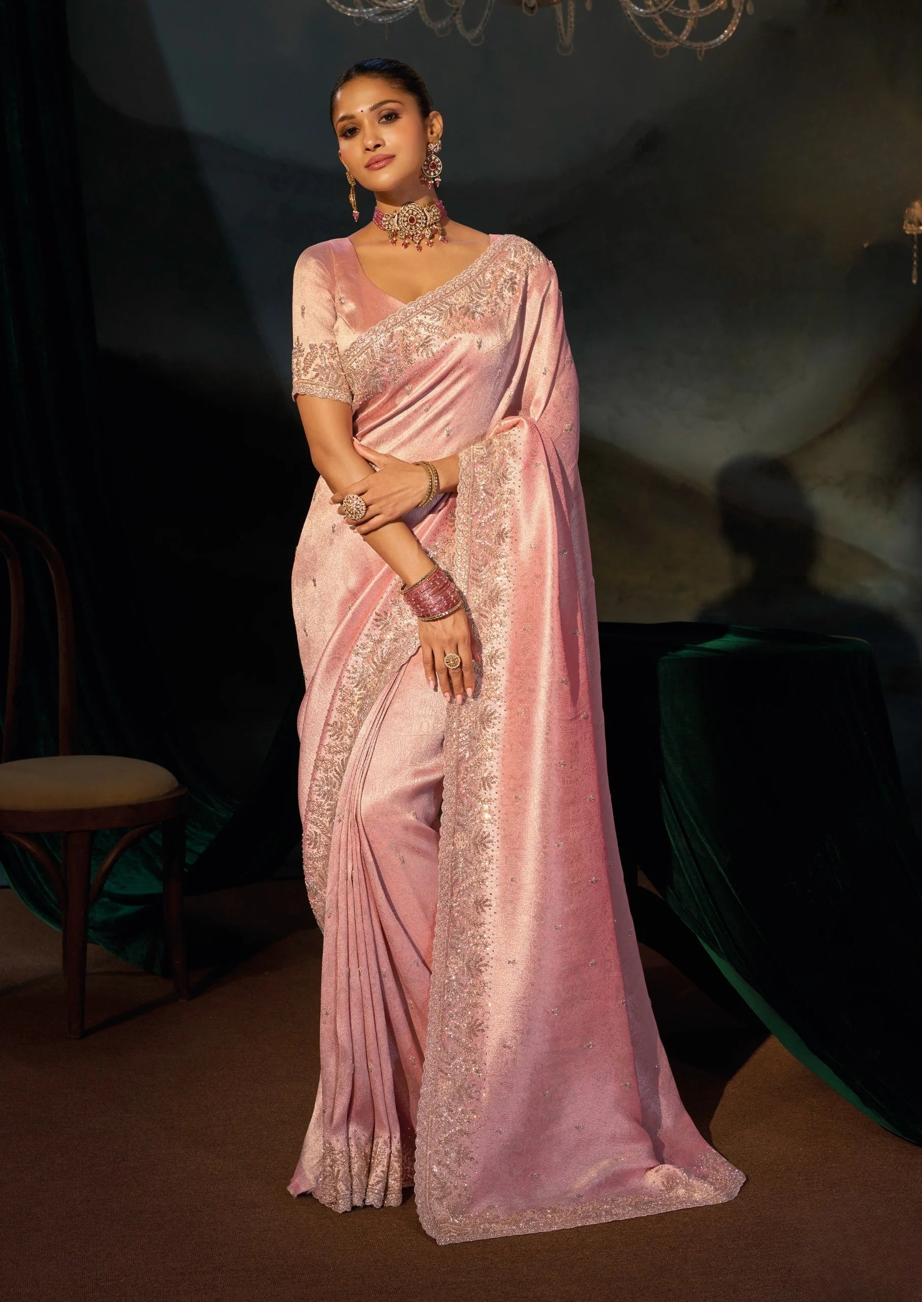 Madhurai Silk Pink Reception Wear With Heavy Work Saree