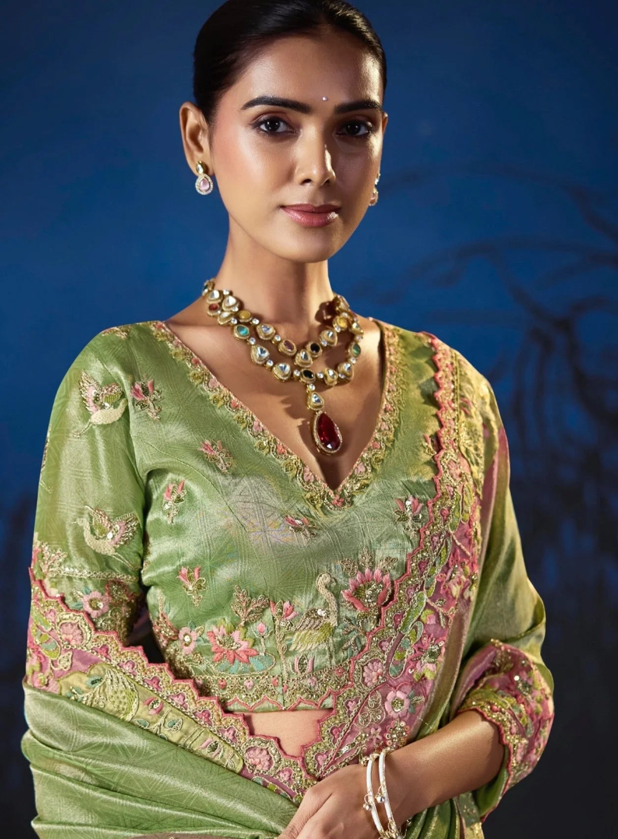 Pure Smooth Zari Pista With Thread Work