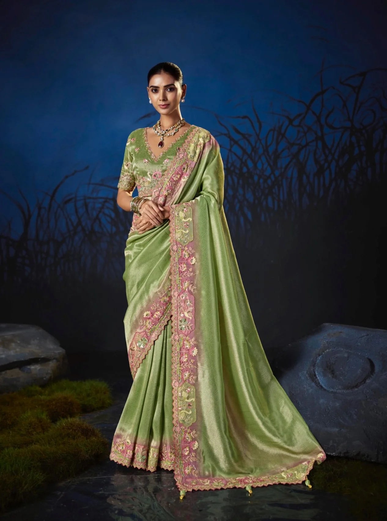 Pure Smooth Zari Pista With Thread Work