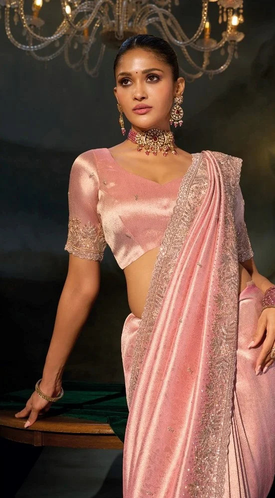 Madhurai Silk Pink Reception Wear With Heavy Work Saree