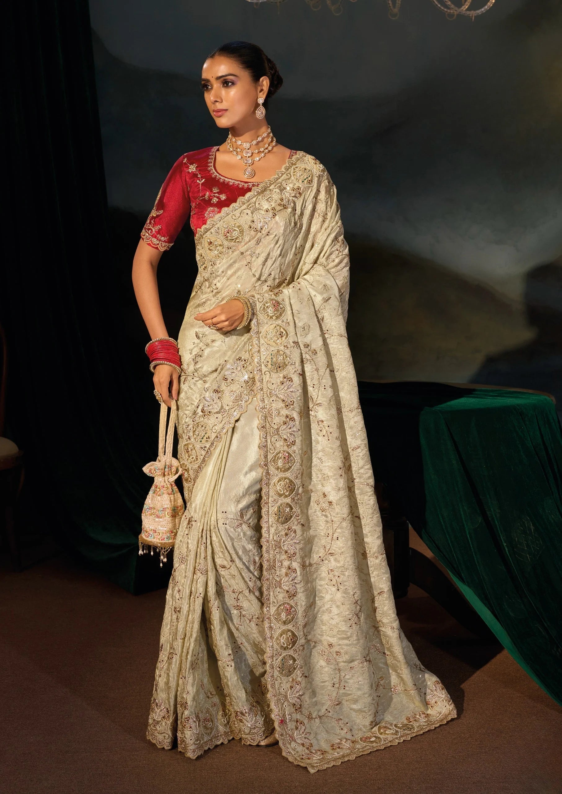 Kanjivaram Silk Cream Reception Wear With Heavy Work