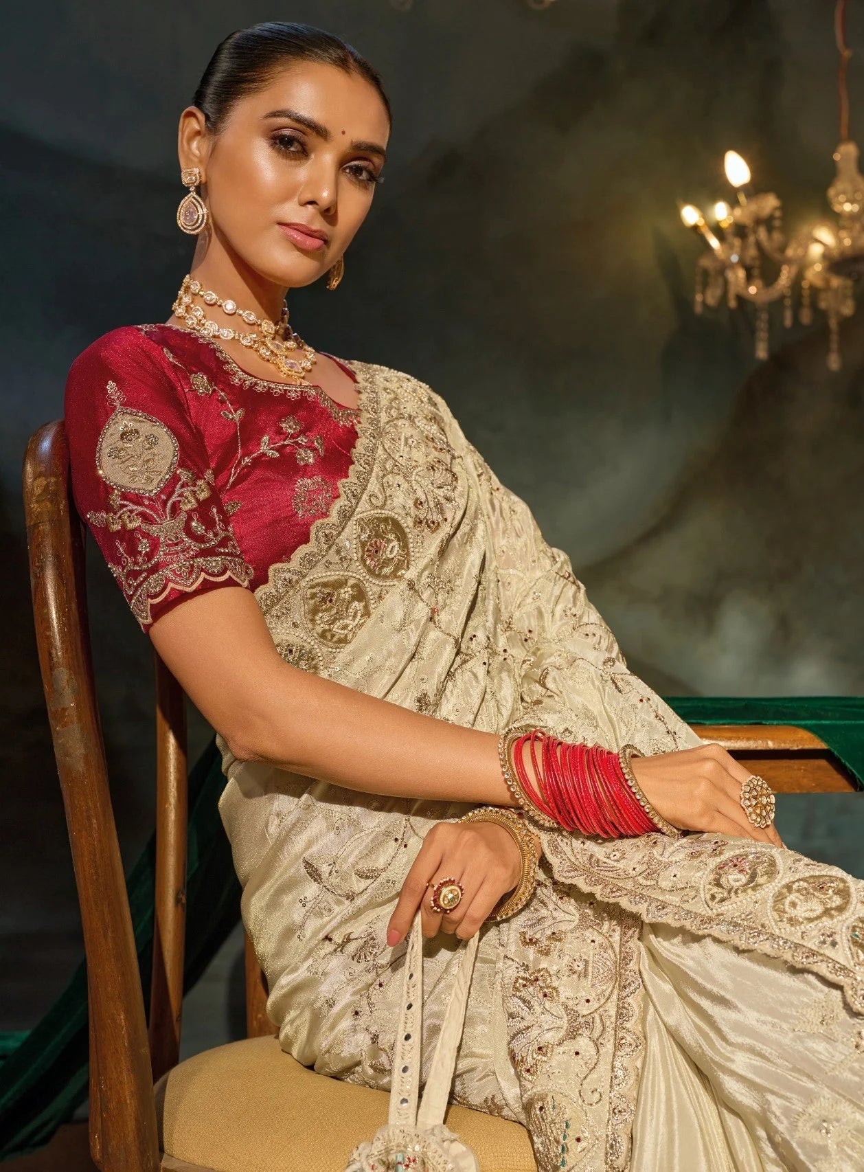 Kanjivaram Silk Cream Reception Wear With Heavy Work