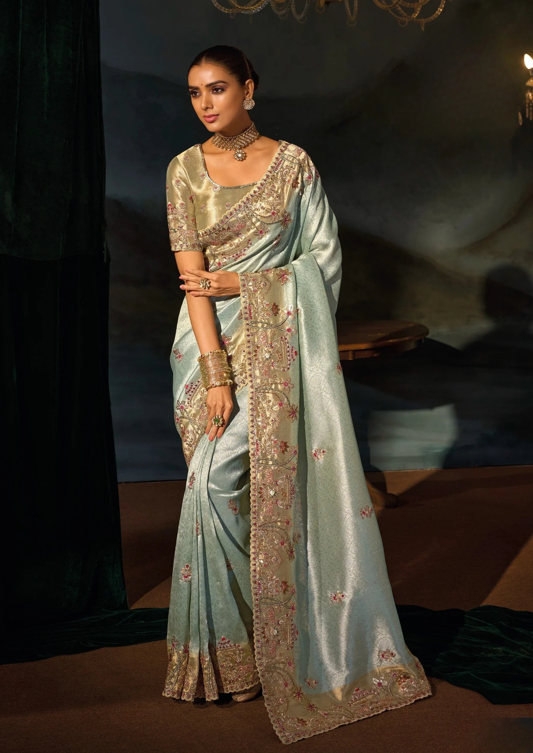 Madhurai Silk Blue Party Wear With Heavy Work Saree