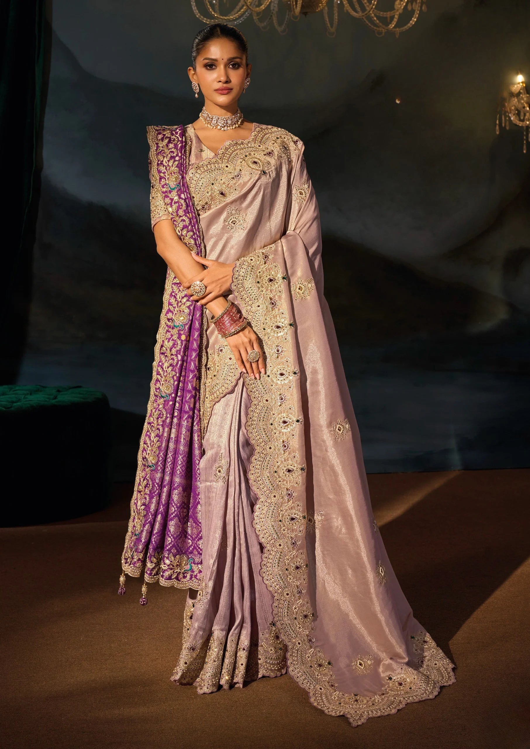 Tanchoi Silk Purple Party Wear With Heavy Work Saree