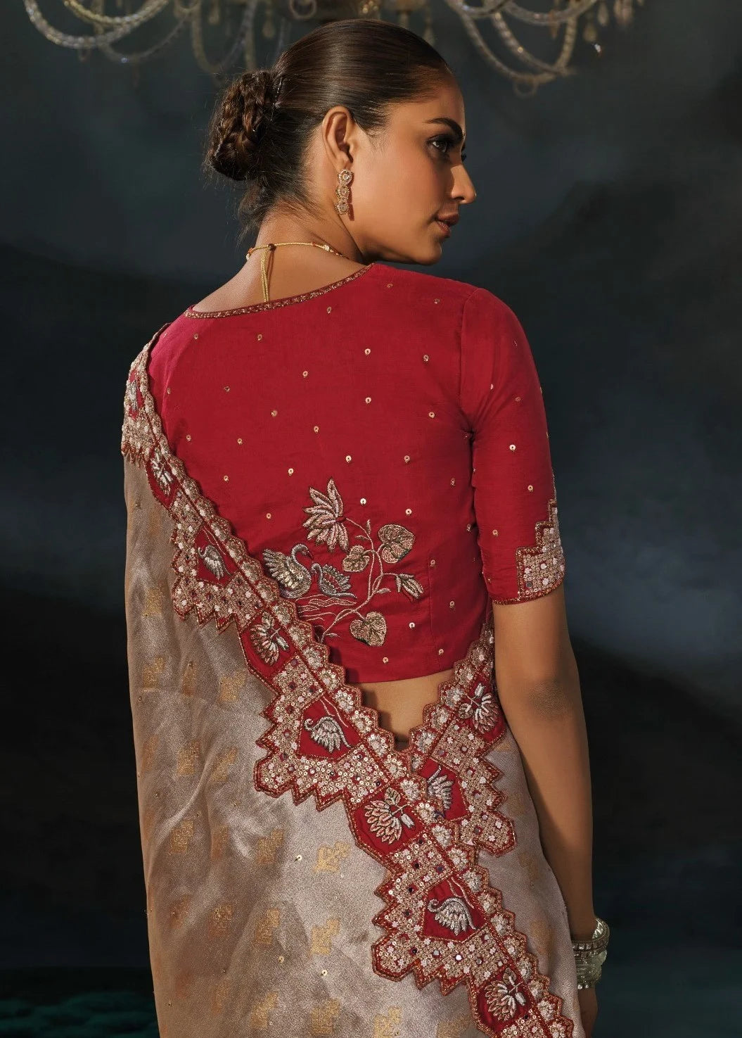 Tanchoi Silk Beige Party Wear With Thread Work Saree