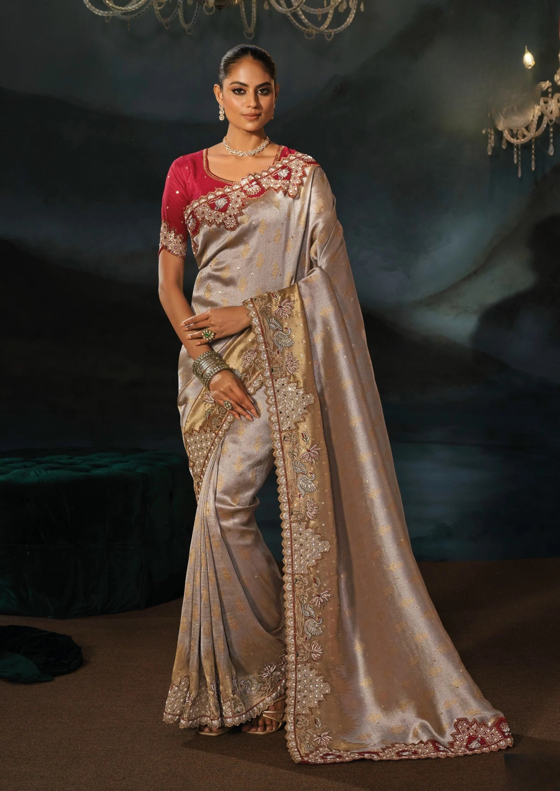 Tanchoi Silk Beige Party Wear With Thread Work Saree