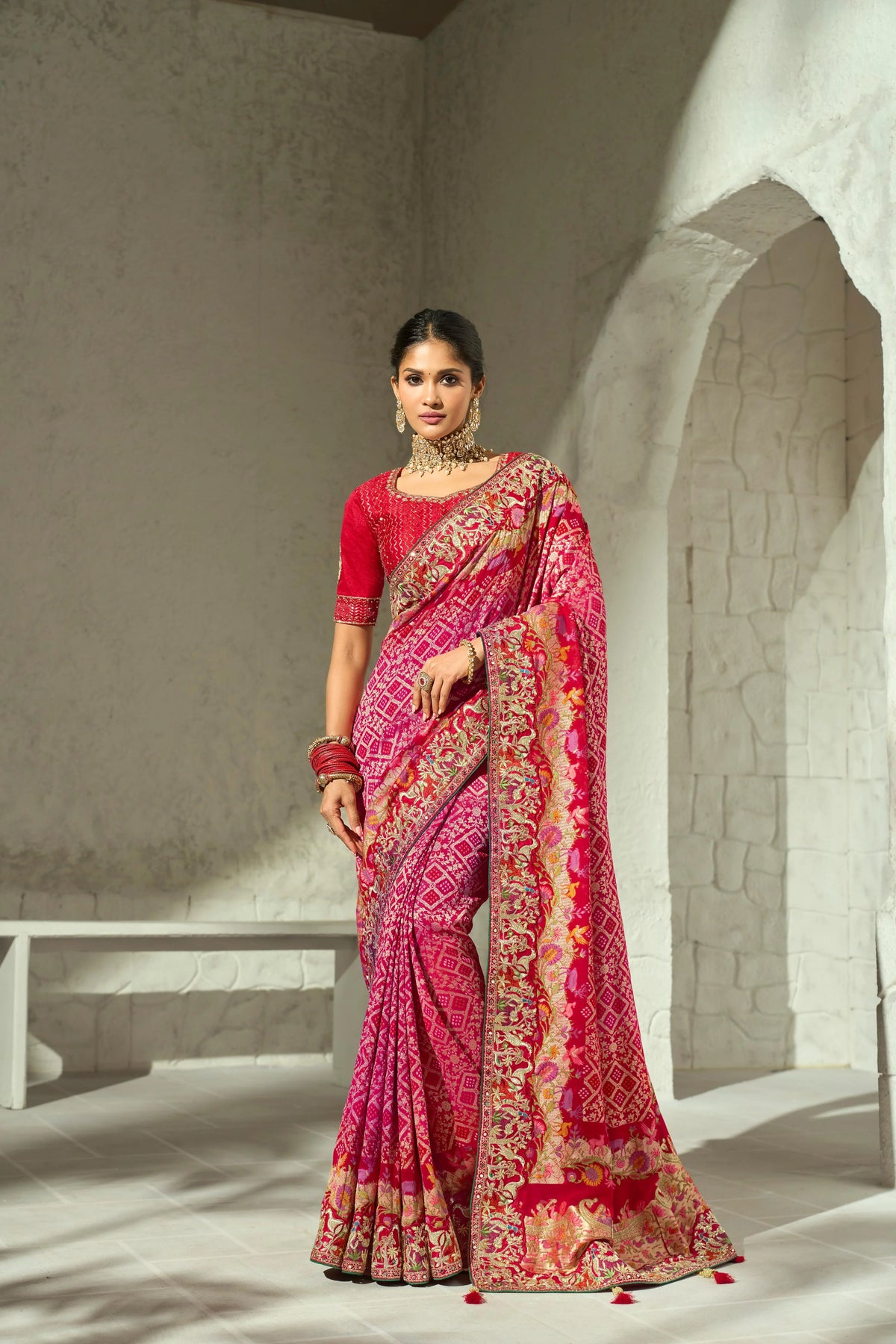 Pure Georgette Bandhej Red Bridal Handwork Border Sarees