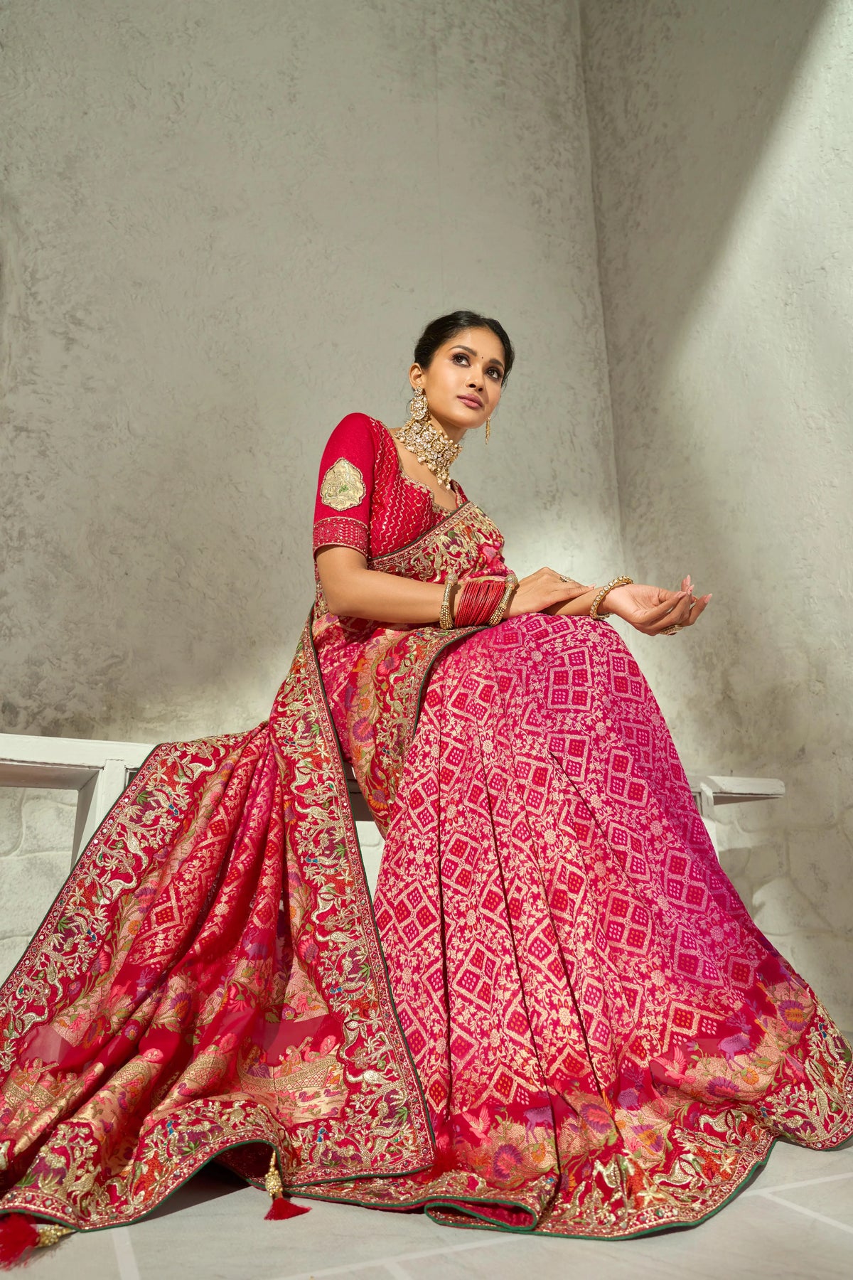 Pure Georgette Bandhej Red Bridal Handwork Border Sarees