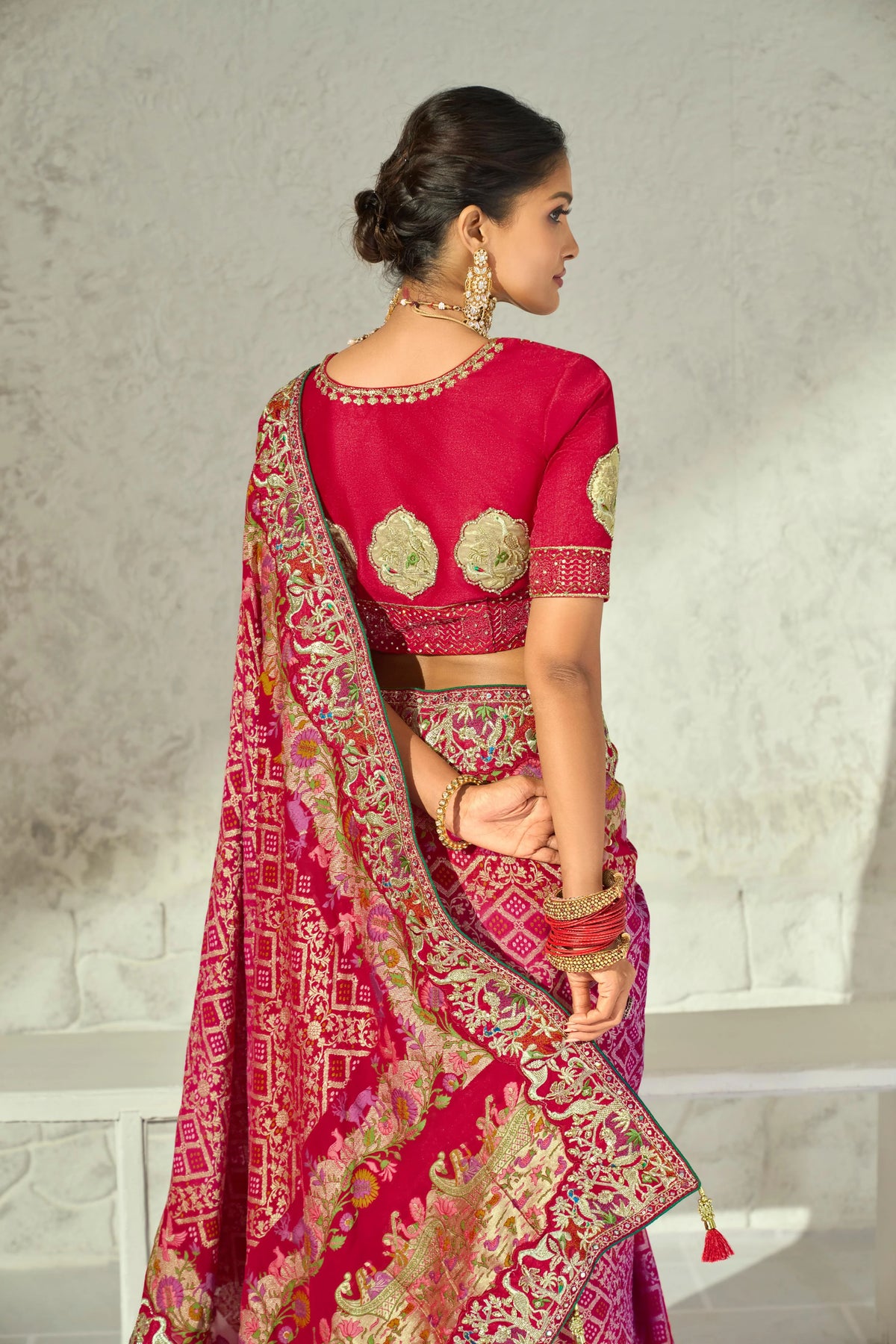 Pure Georgette Bandhej Red Bridal Handwork Border Sarees