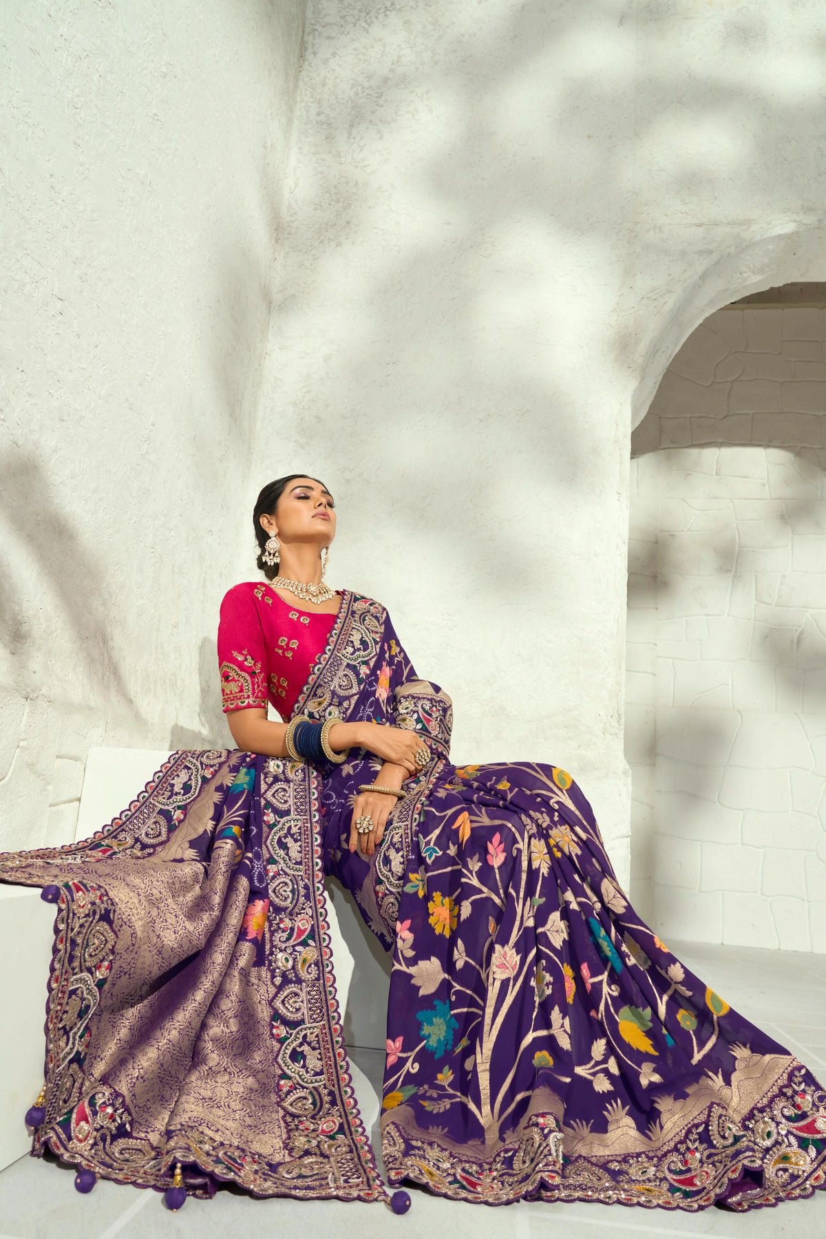 Pure Georgette Bandhej Purple Bridal Handwork Border Sarees