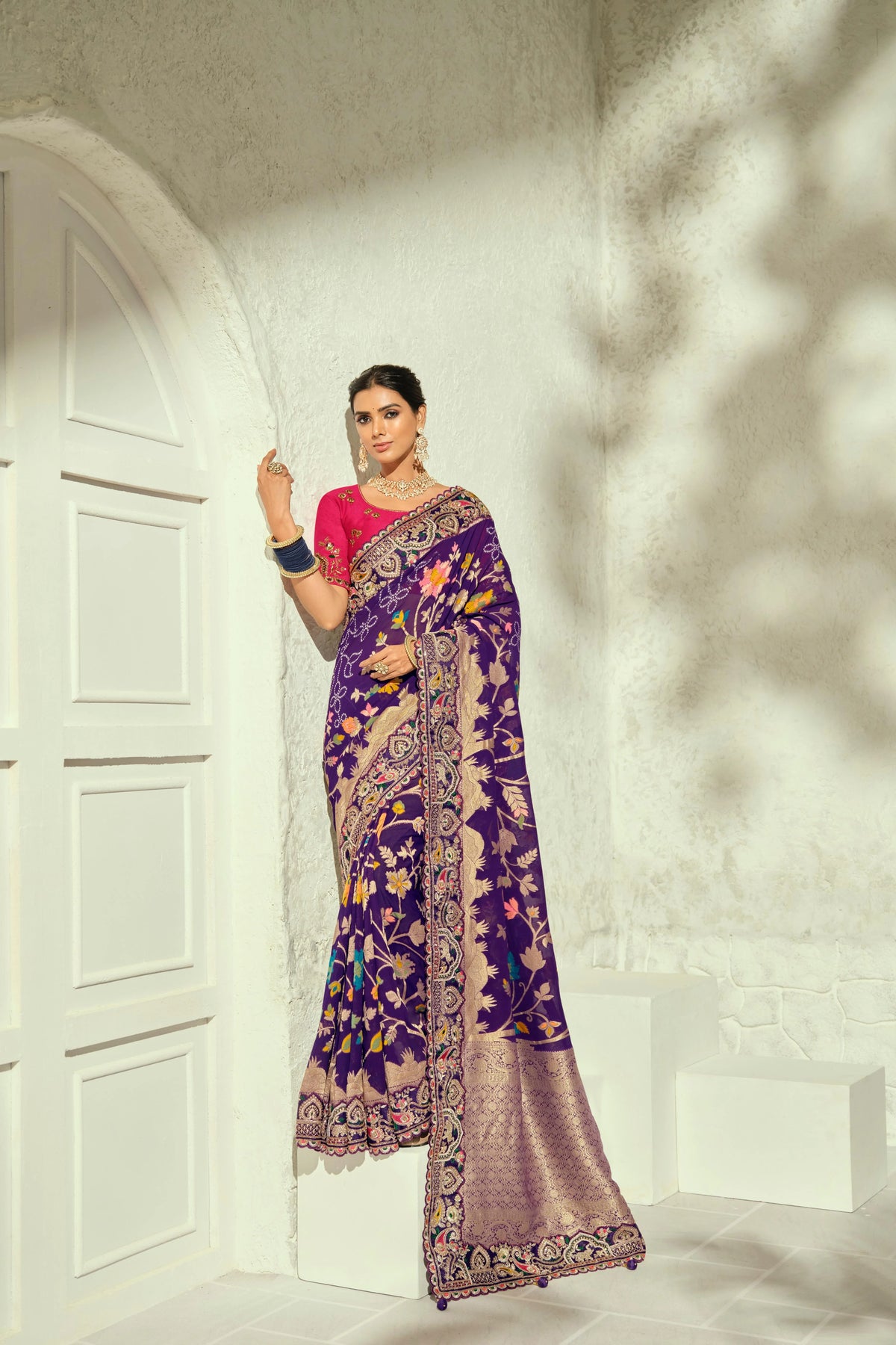 Pure Georgette Bandhej Purple Bridal Handwork Border Sarees