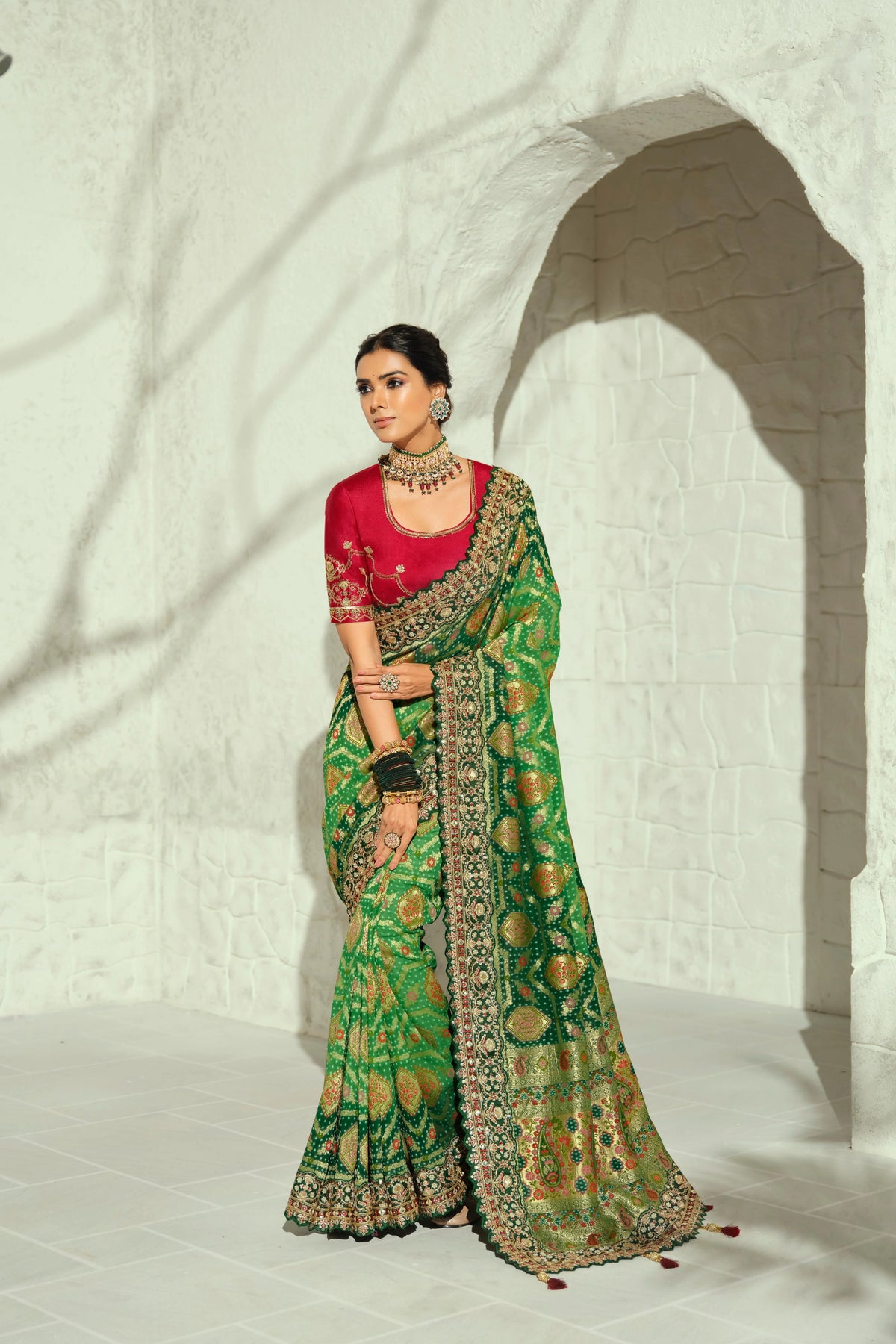 Pure Georgette Bandhej Green Bridal Handwork Border Sarees