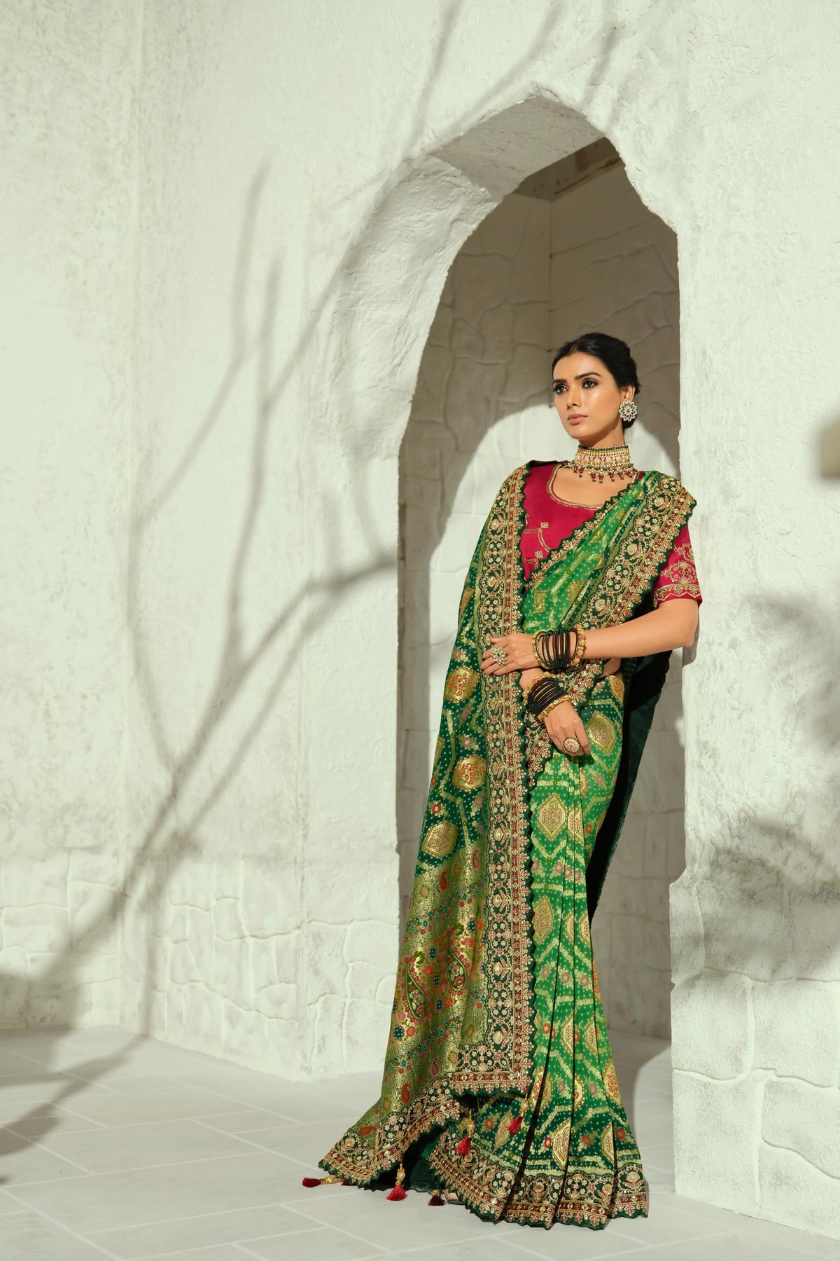 Pure Georgette Bandhej Green Bridal Handwork Border Sarees
