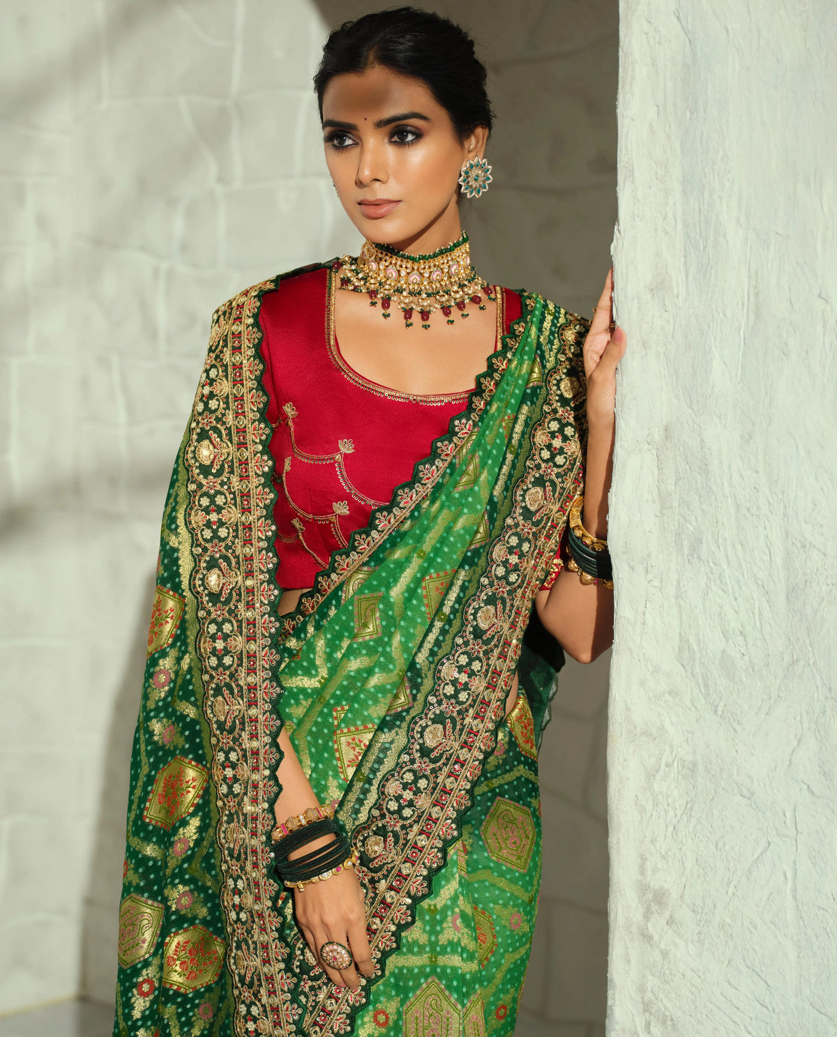 Pure Georgette Bandhej Green Bridal Handwork Border Sarees