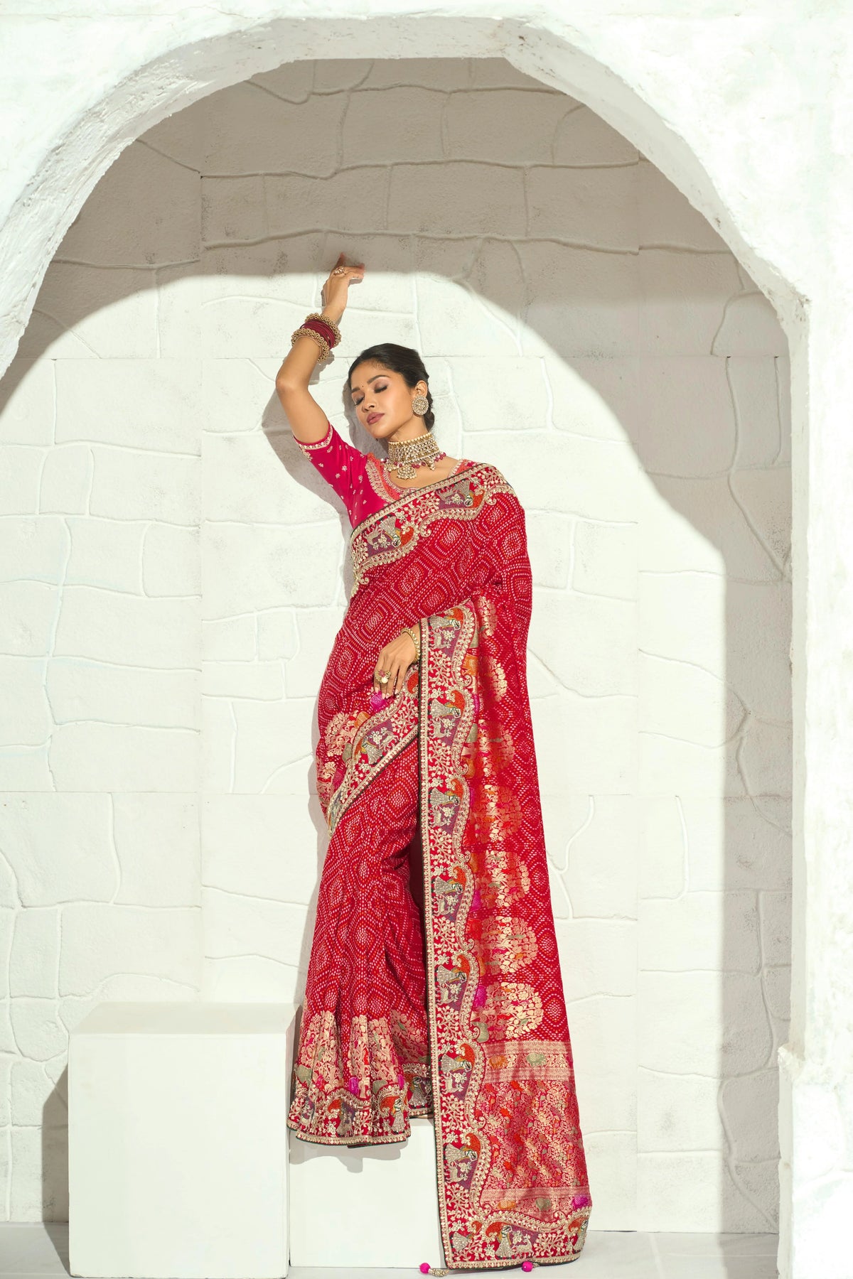 Pure Georgette Bandhej Red Bridal Heavy Border Sarees