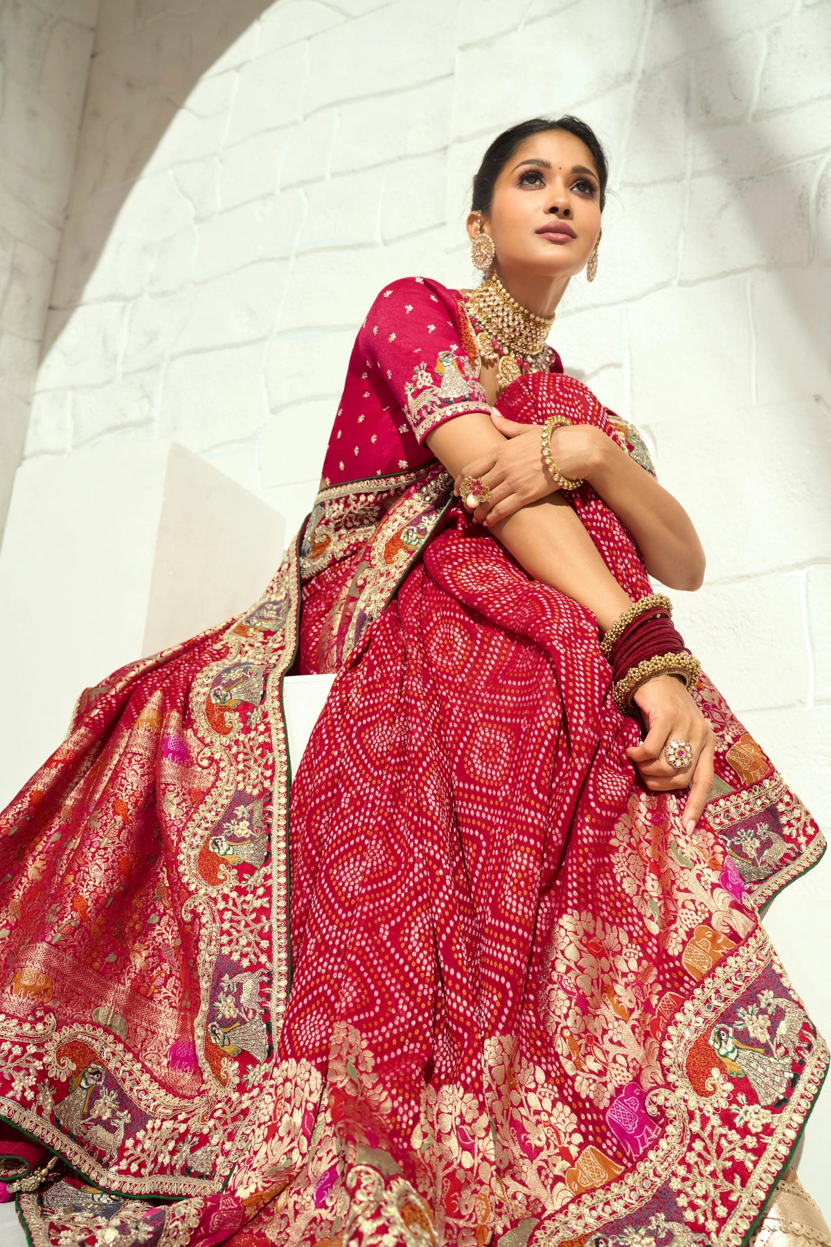Pure Georgette Bandhej Red Bridal Heavy Border Sarees