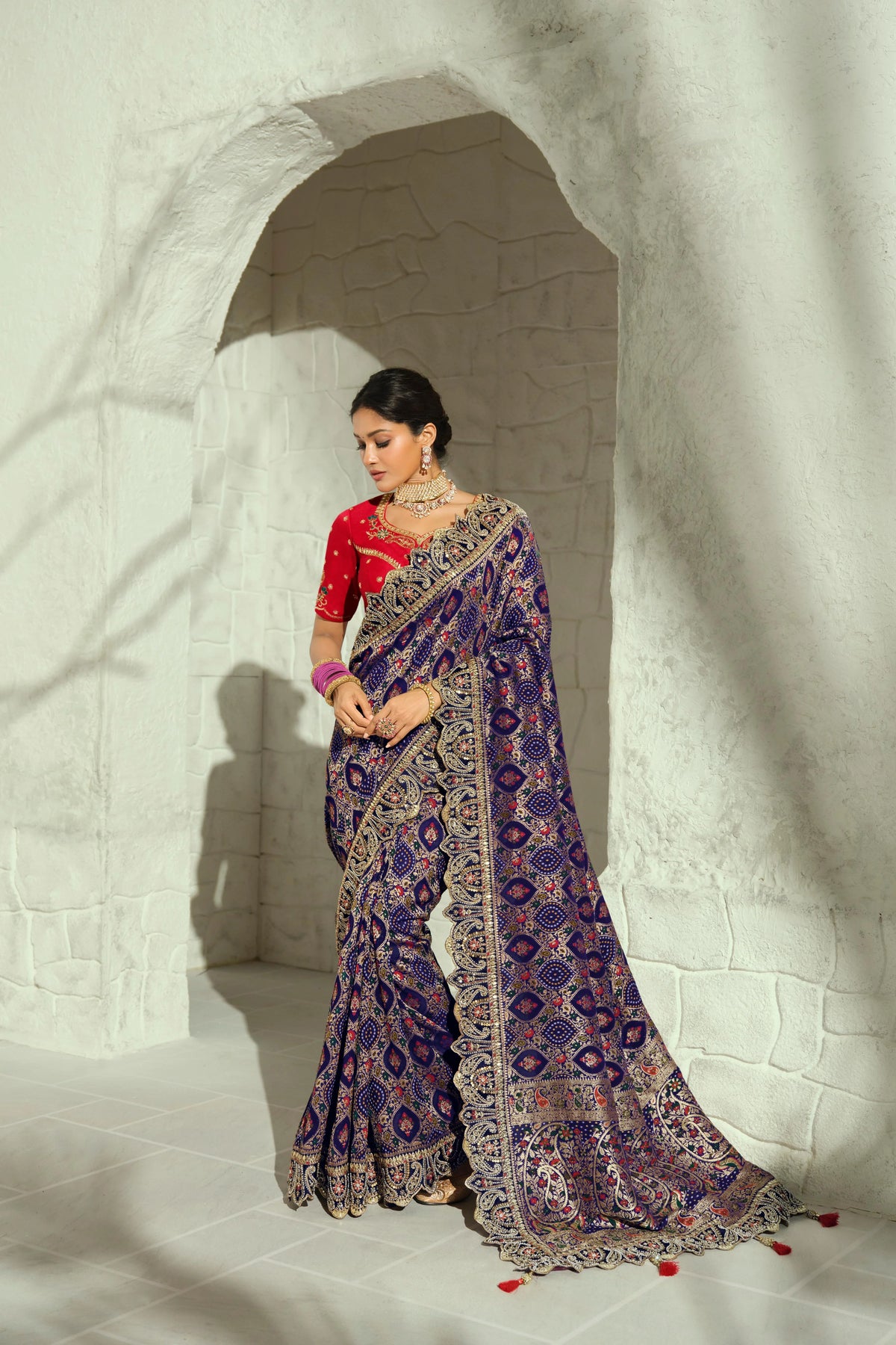 Pure Georgette Bandhej Purple Bridal Heavy Border Sarees