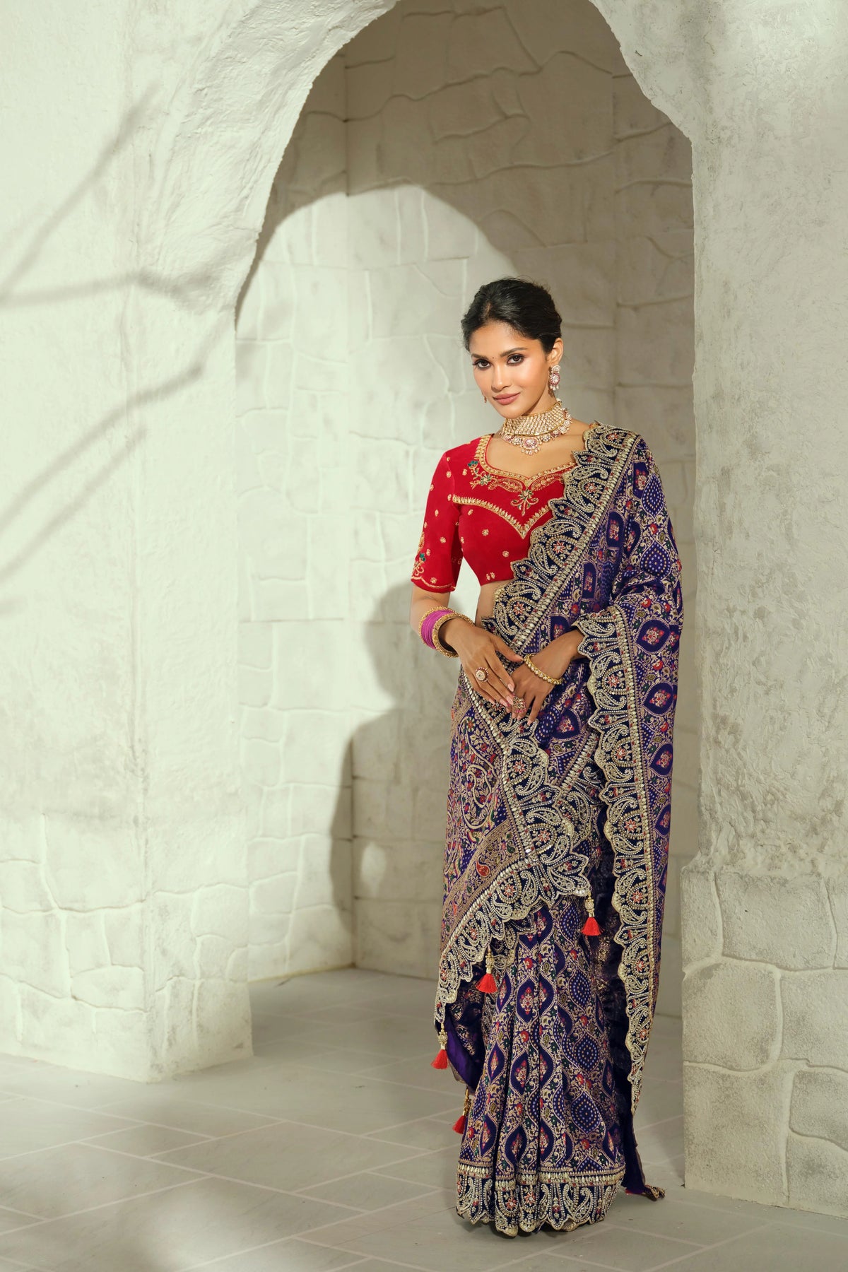 Pure Georgette Bandhej Purple Bridal Heavy Border Sarees
