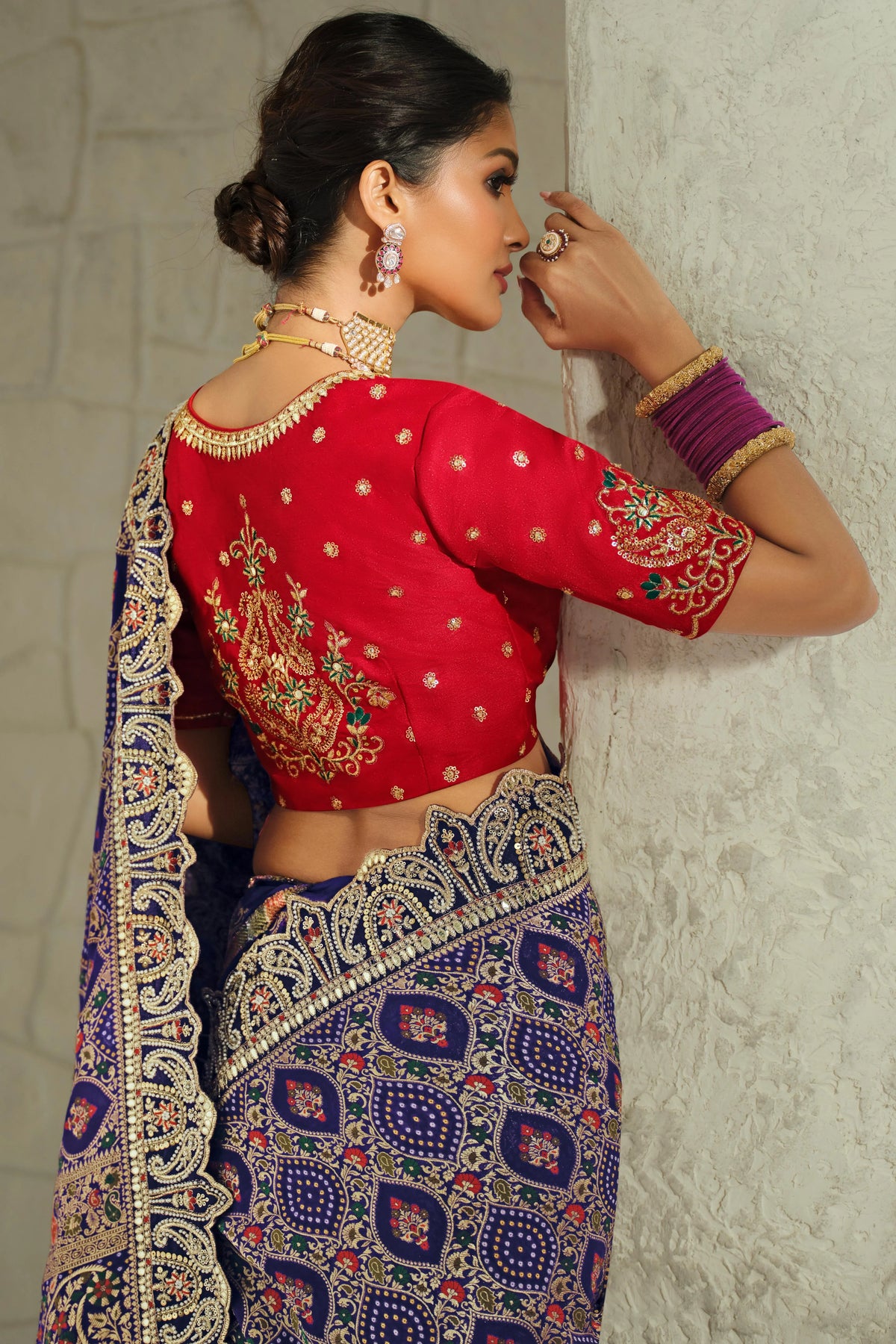 Pure Georgette Bandhej Purple Bridal Heavy Border Sarees