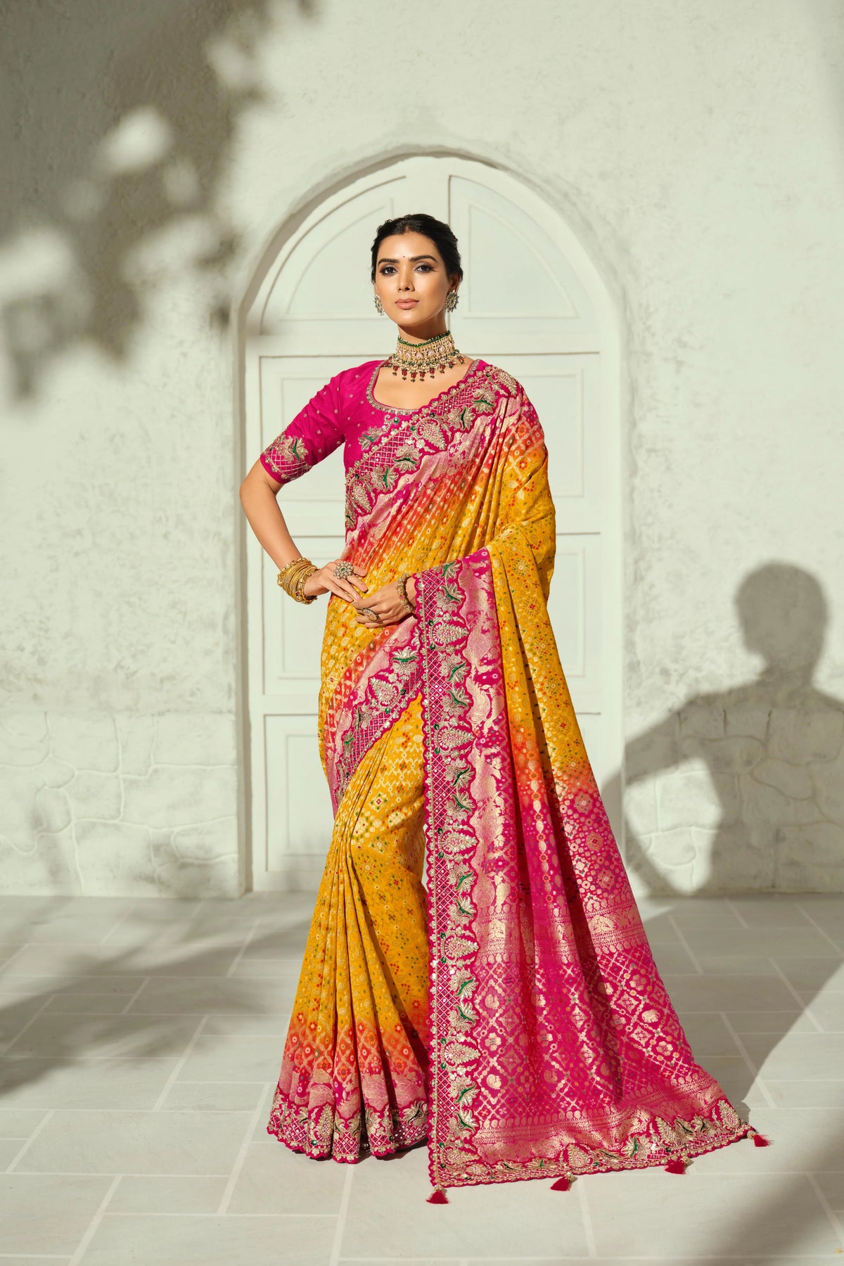 Pure Georgette Bandhej Mustard Bridal Heavy Border Sarees