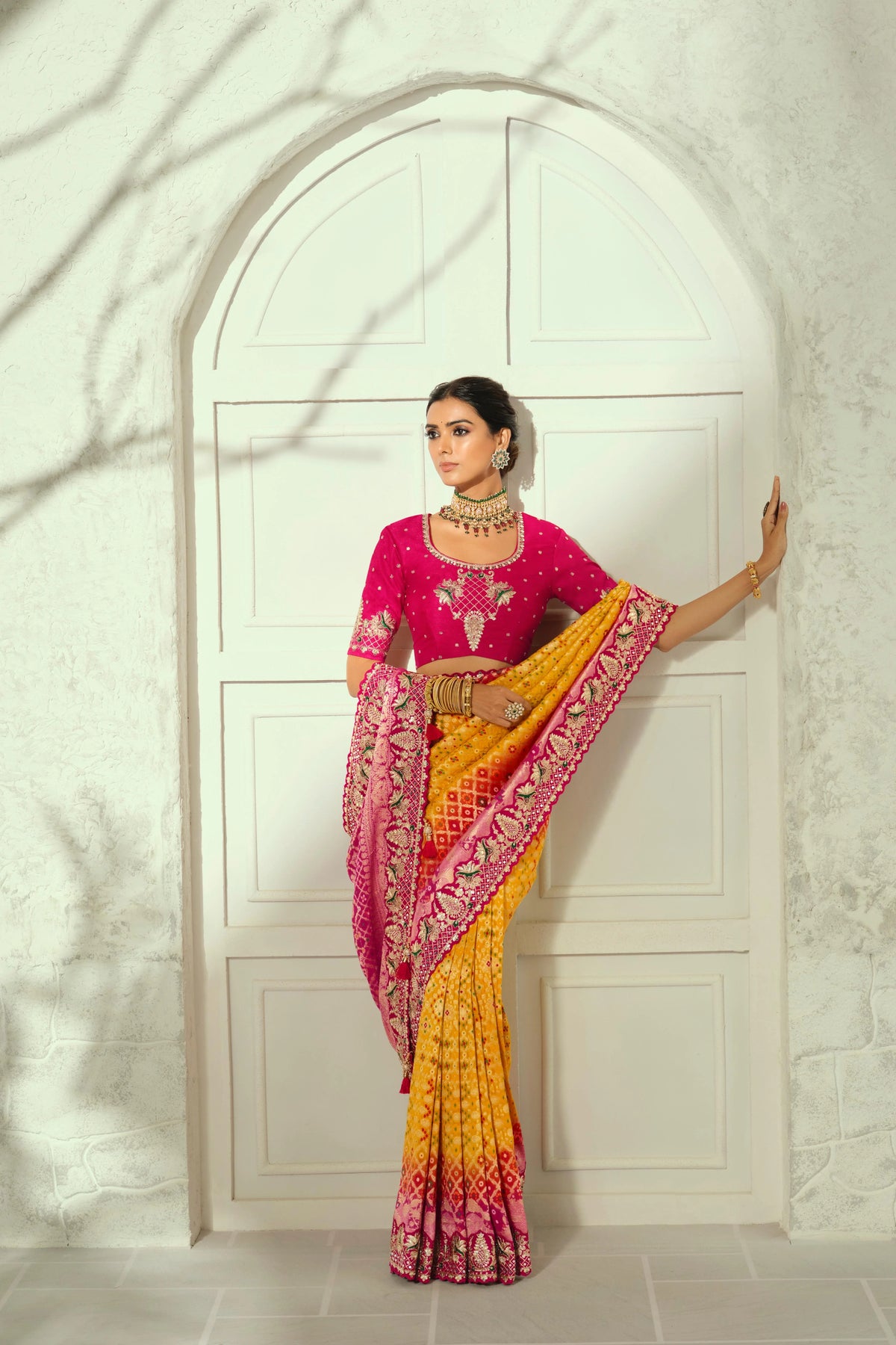 Pure Georgette Bandhej Mustard Bridal Heavy Border Sarees
