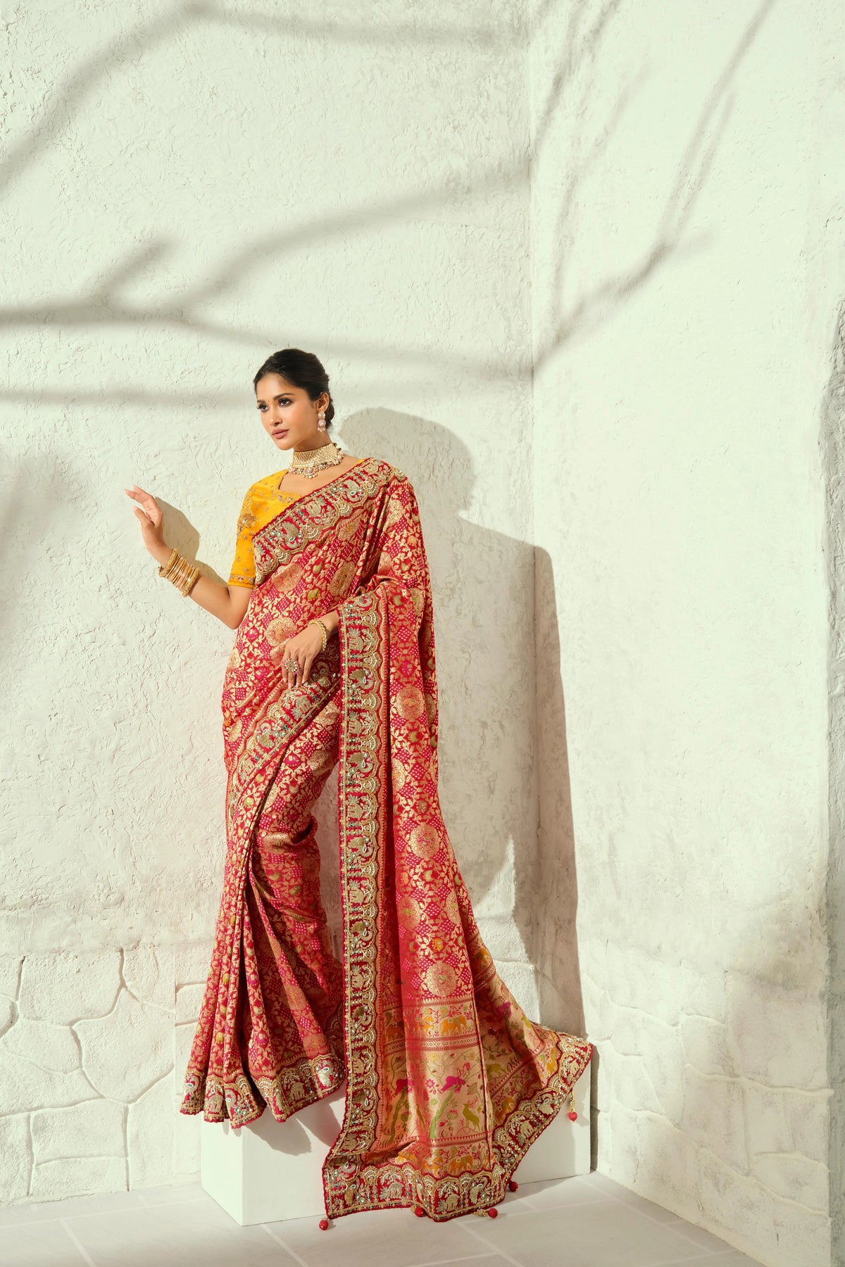 Pure Georgette Bandhej Red Party Wear Heavy Border Sarees