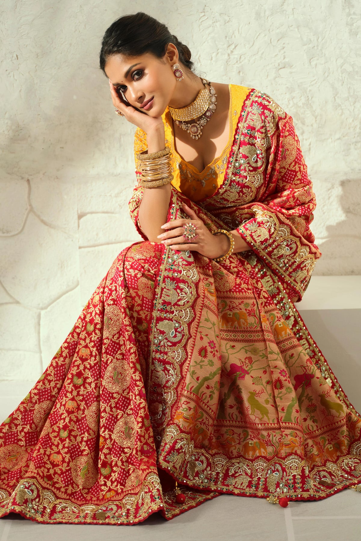 Pure Georgette Bandhej Red Party Wear Heavy Border Sarees