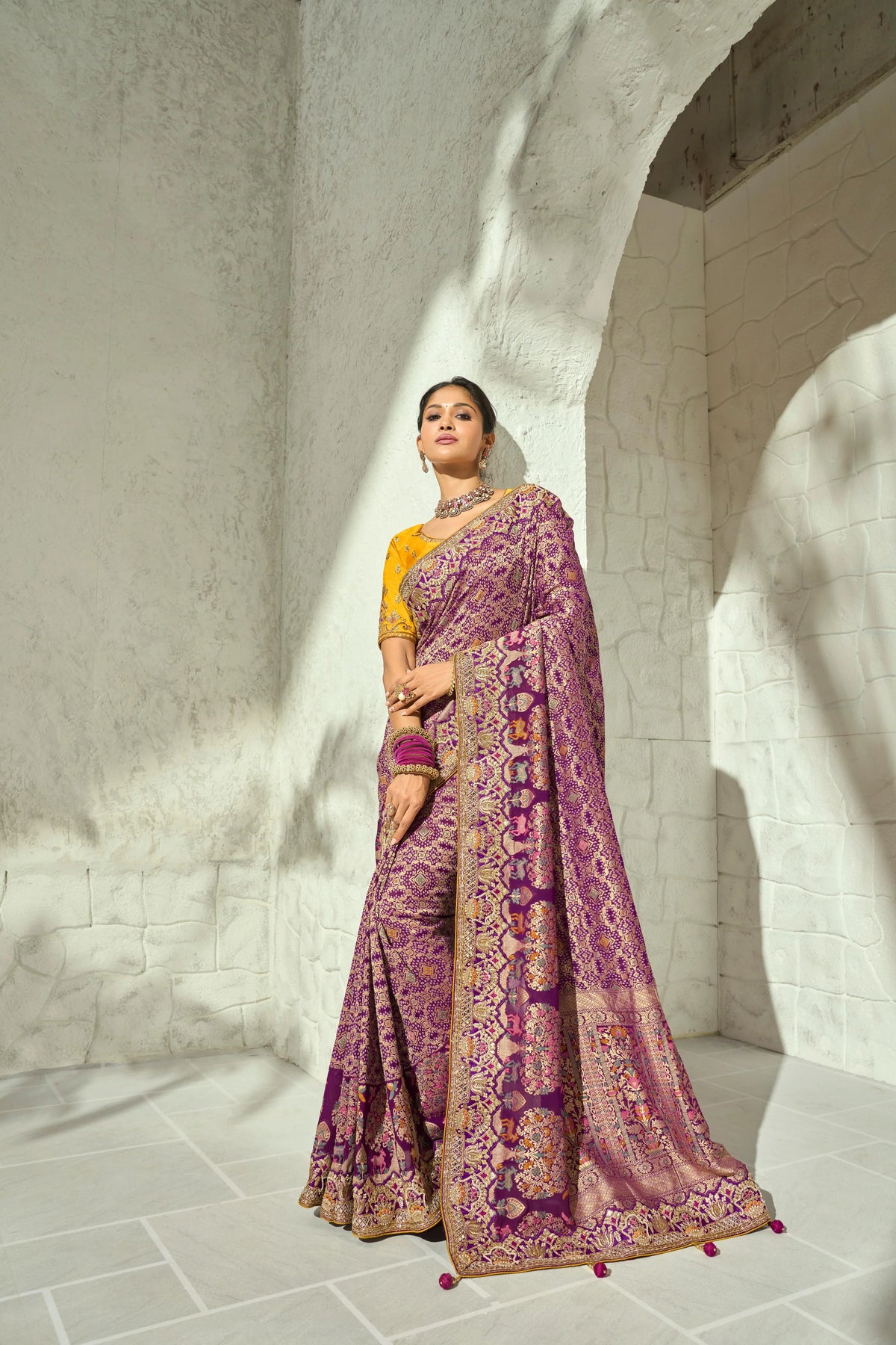 Pure Georgette Bandhej Wine Party Wear Heavy Border Sarees