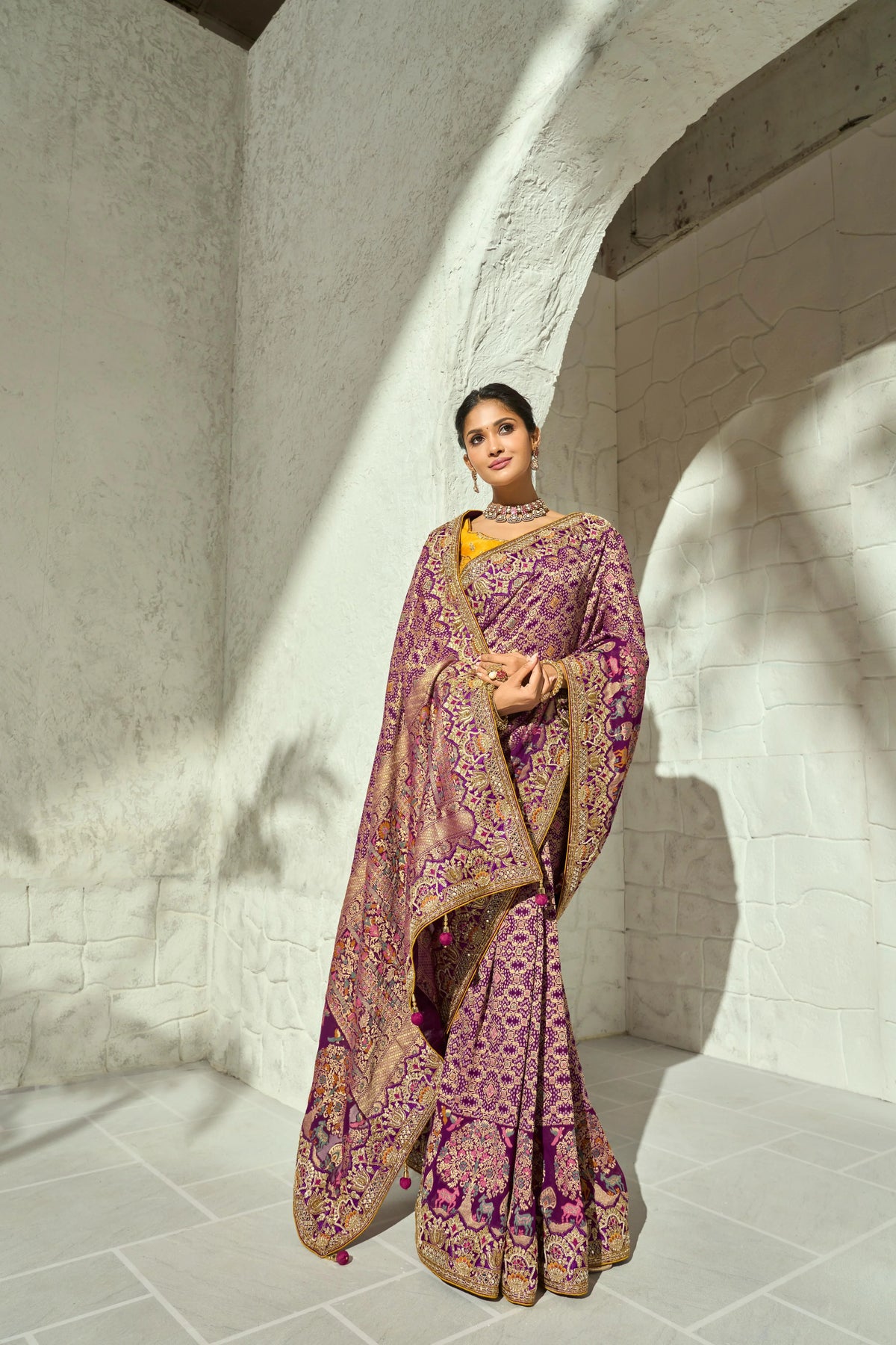 Pure Georgette Bandhej Wine Party Wear Heavy Border Sarees