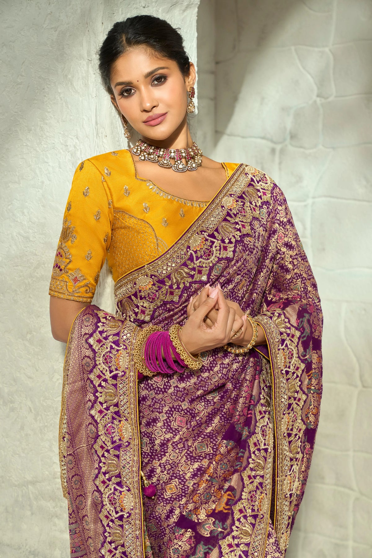 Pure Georgette Bandhej Wine Party Wear Heavy Border Sarees